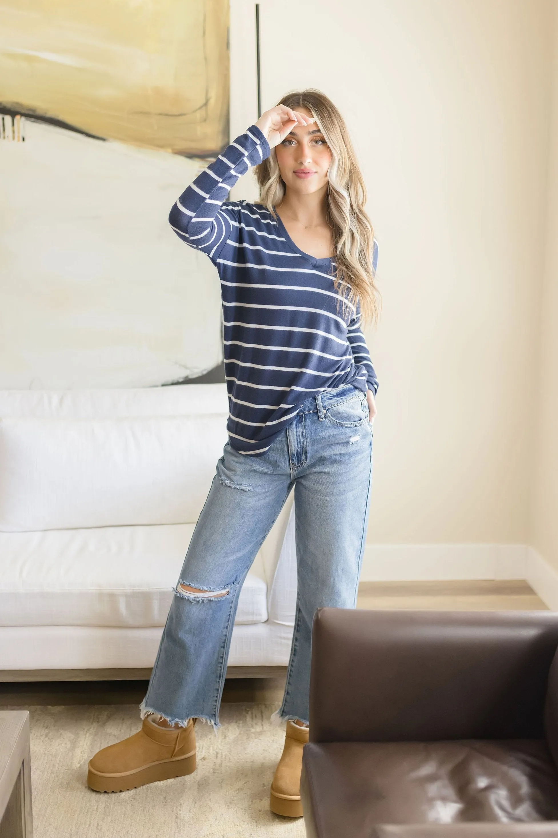 Andi Long Sleeve Stripe Print Knit Top Navy