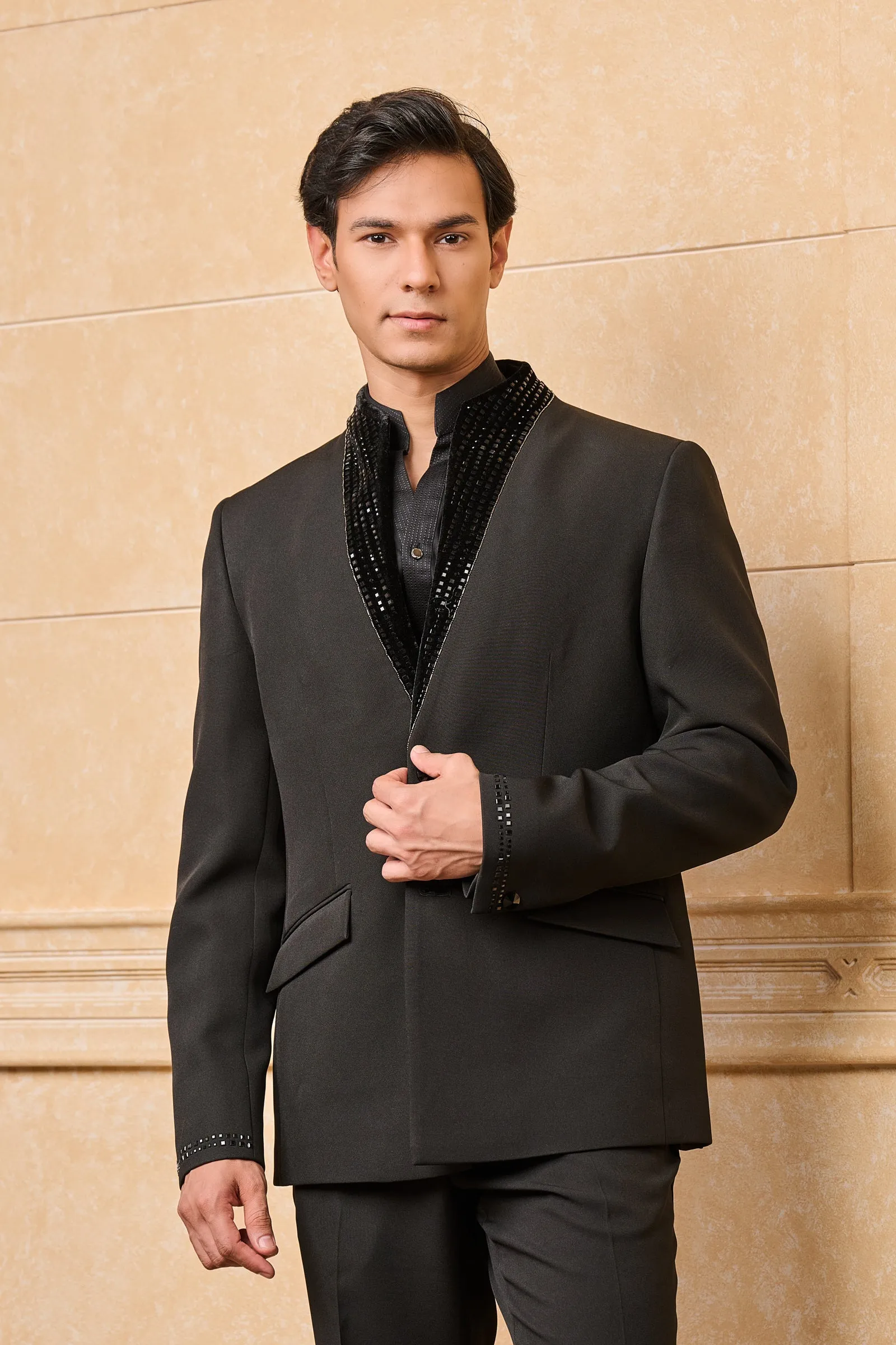 Black Crepe Dinner Jacket With Embroidered Collar