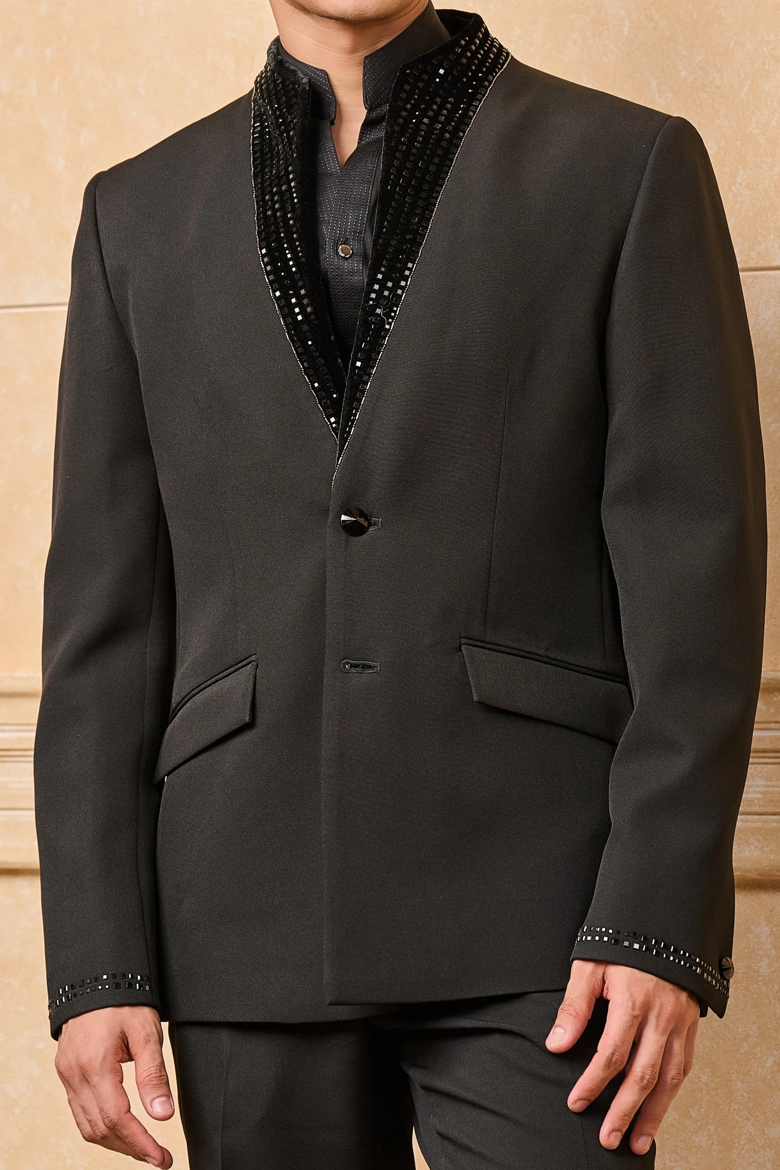 Black Crepe Dinner Jacket With Embroidered Collar