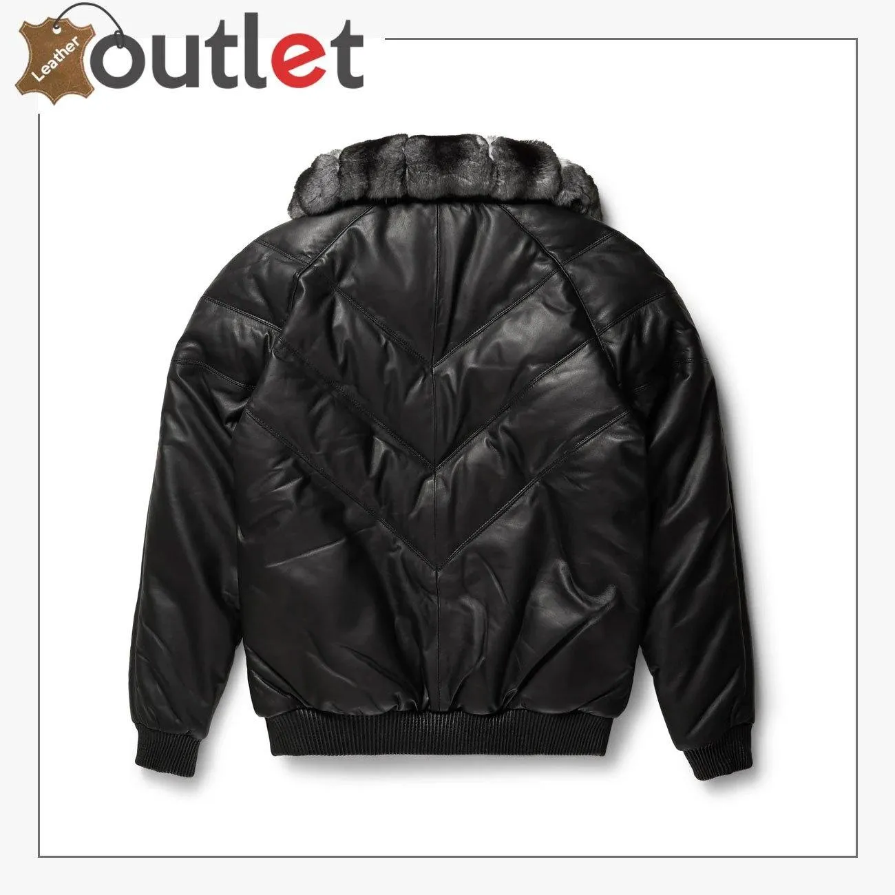 Black Leather Chinchilla Collar V Bomber Jacket