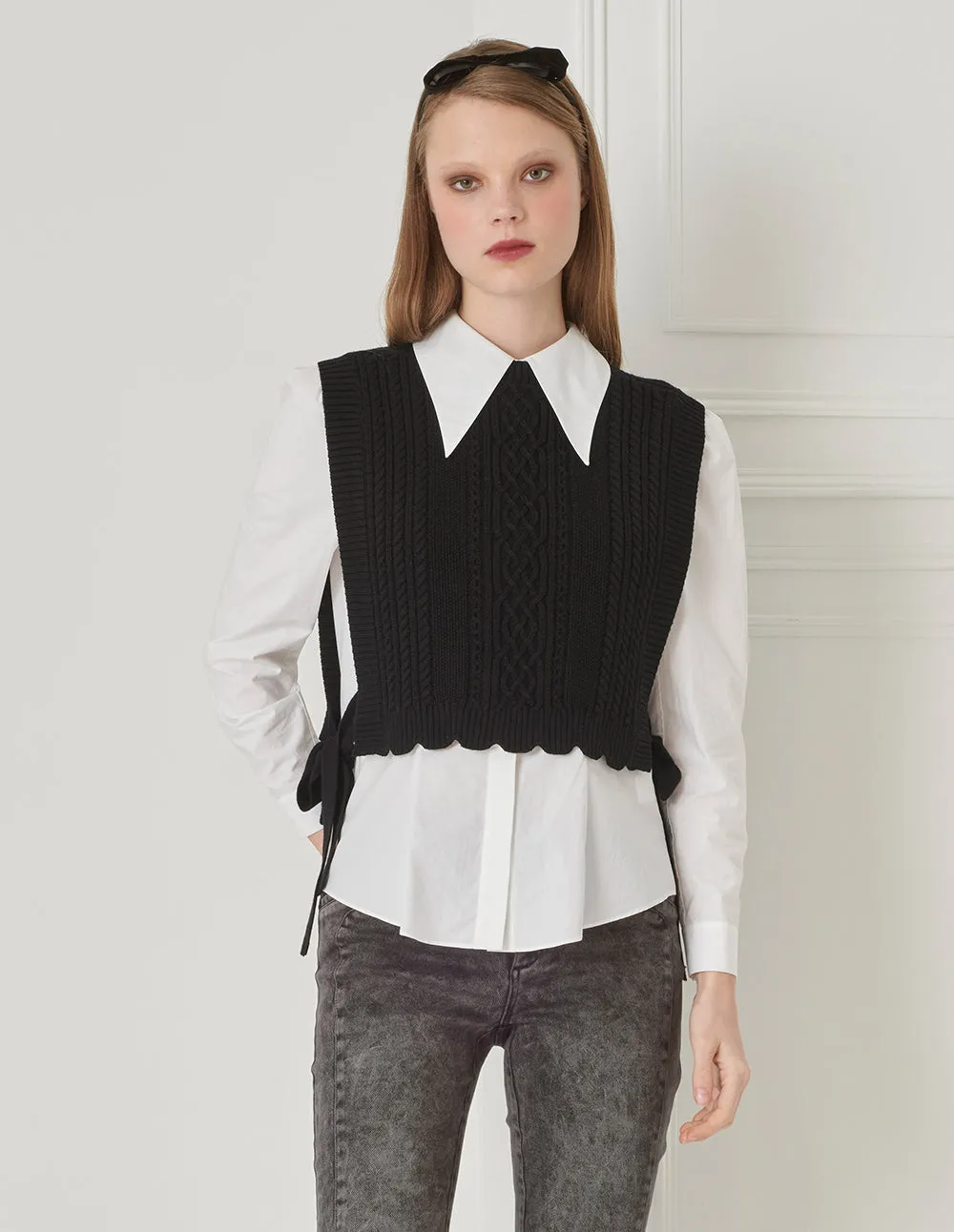 BORA AKSU Coordinating Cropped Wool Vest With Split Bow