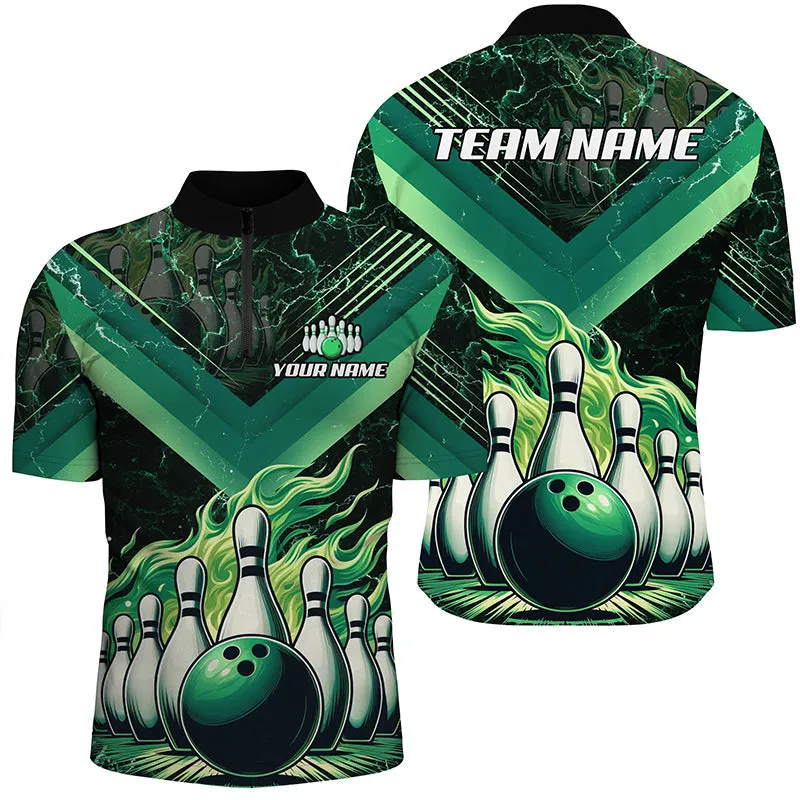 Bowling And Pins Green Flame Customized Name, Team Name 3D Bowling Jersey Shirt For Men