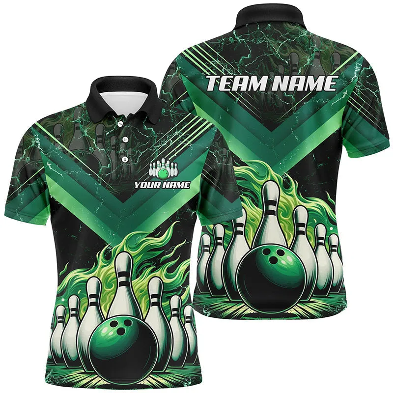 Bowling And Pins Green Flame Customized Name, Team Name 3D Bowling Jersey Shirt For Men