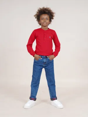 Boys Cotton Solid Full Sleeves Henley Neck Tee & Denim Jeans With Contrast Red Checks Bottom Hem Roll Up