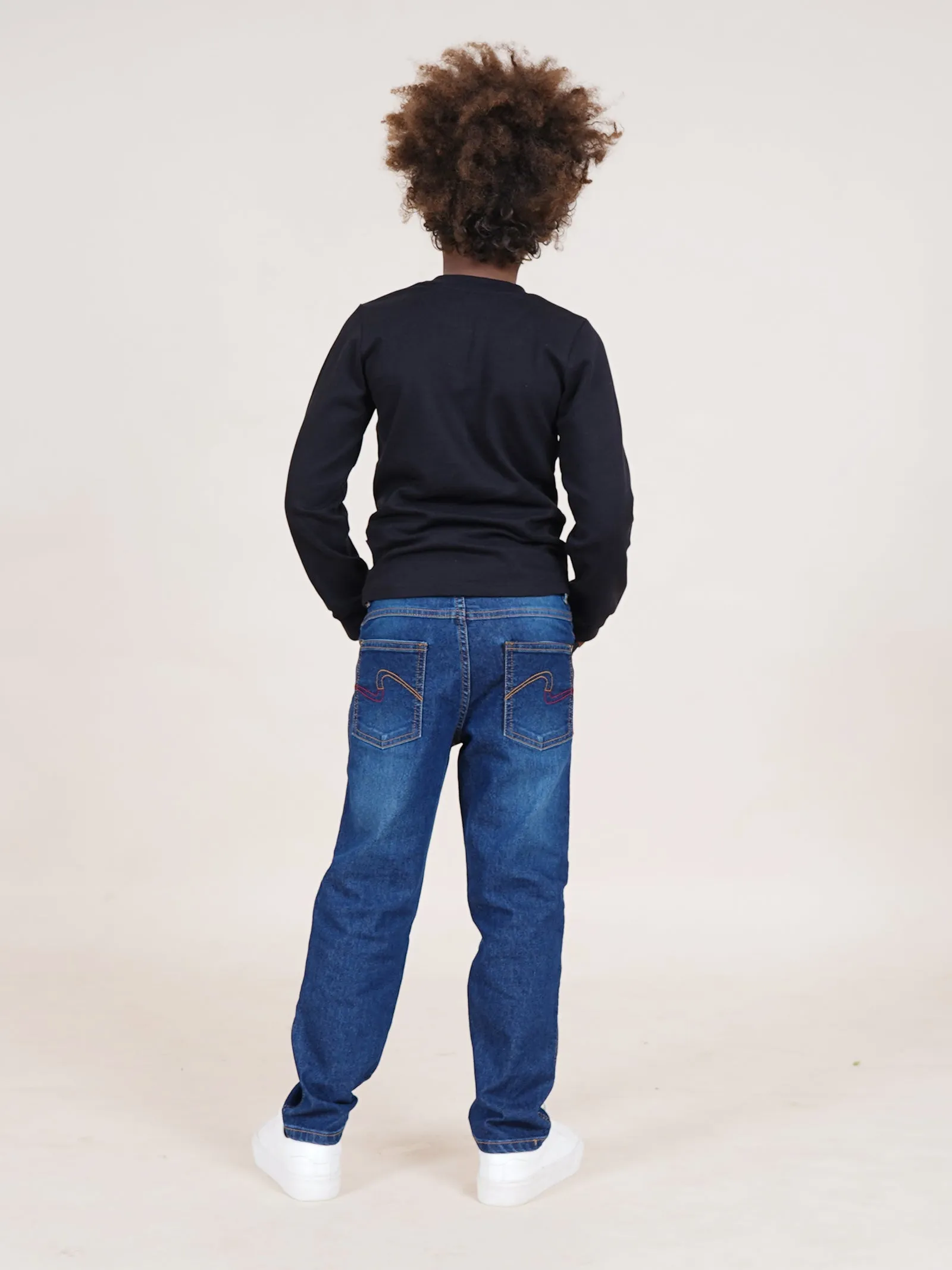 Boys Cotton Solid Full Sleeves Henley Neck Tee & Denim Jeans With Mild Distress