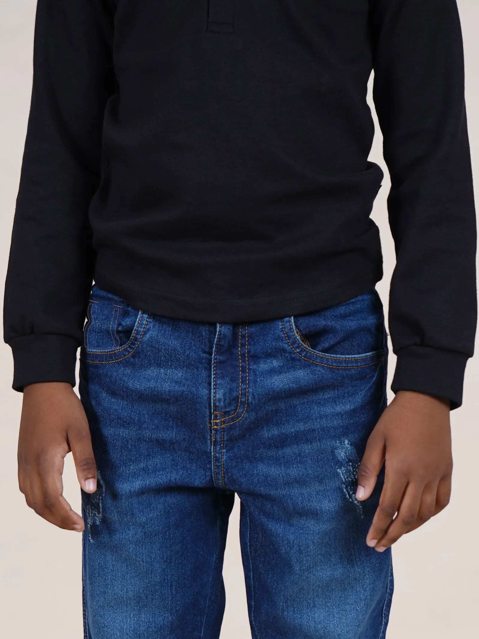 Boys Cotton Solid Full Sleeves Henley Neck Tee & Denim Jeans With Mild Distress