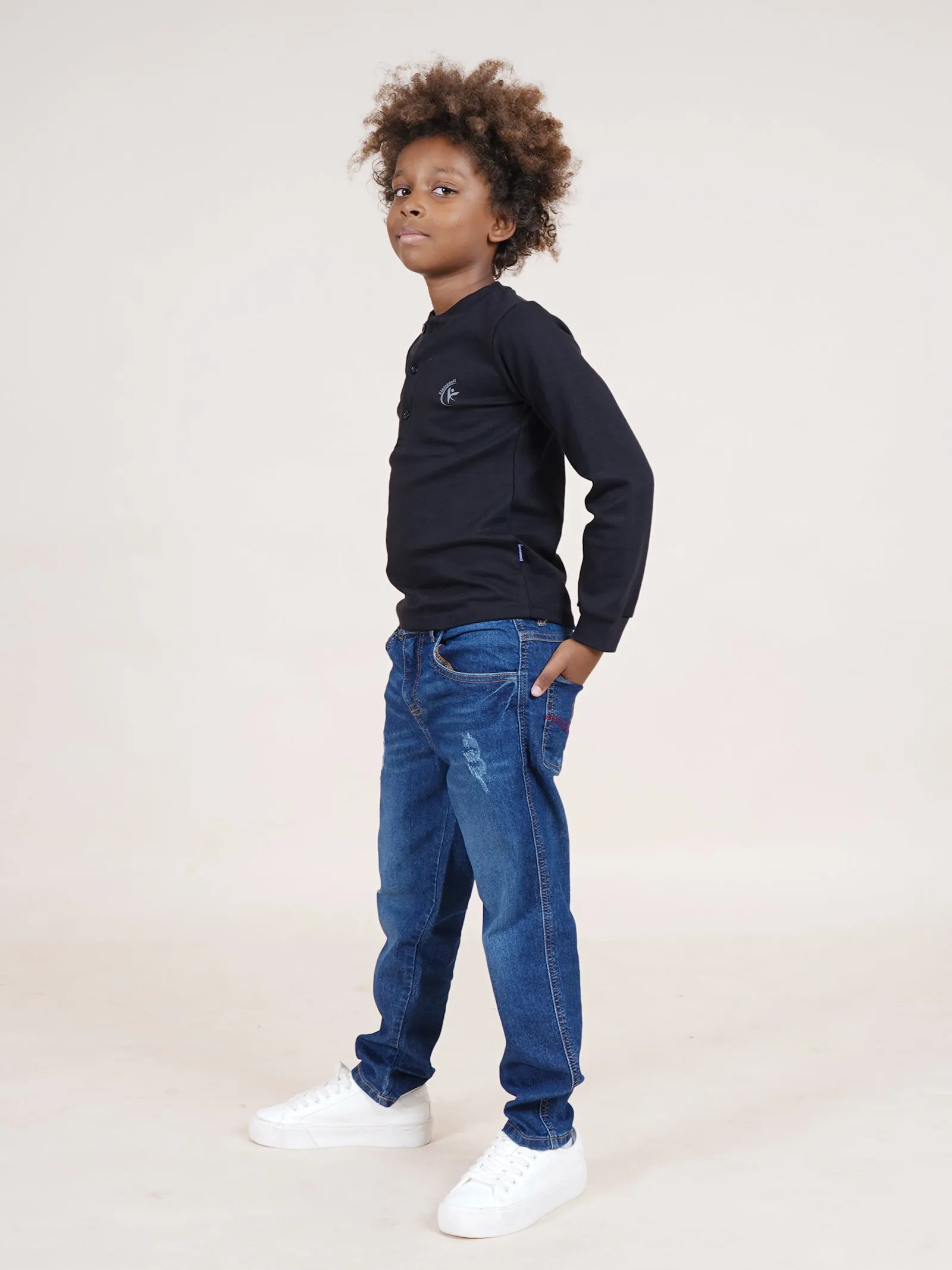 Boys Cotton Solid Full Sleeves Henley Neck Tee & Denim Jeans With Mild Distress