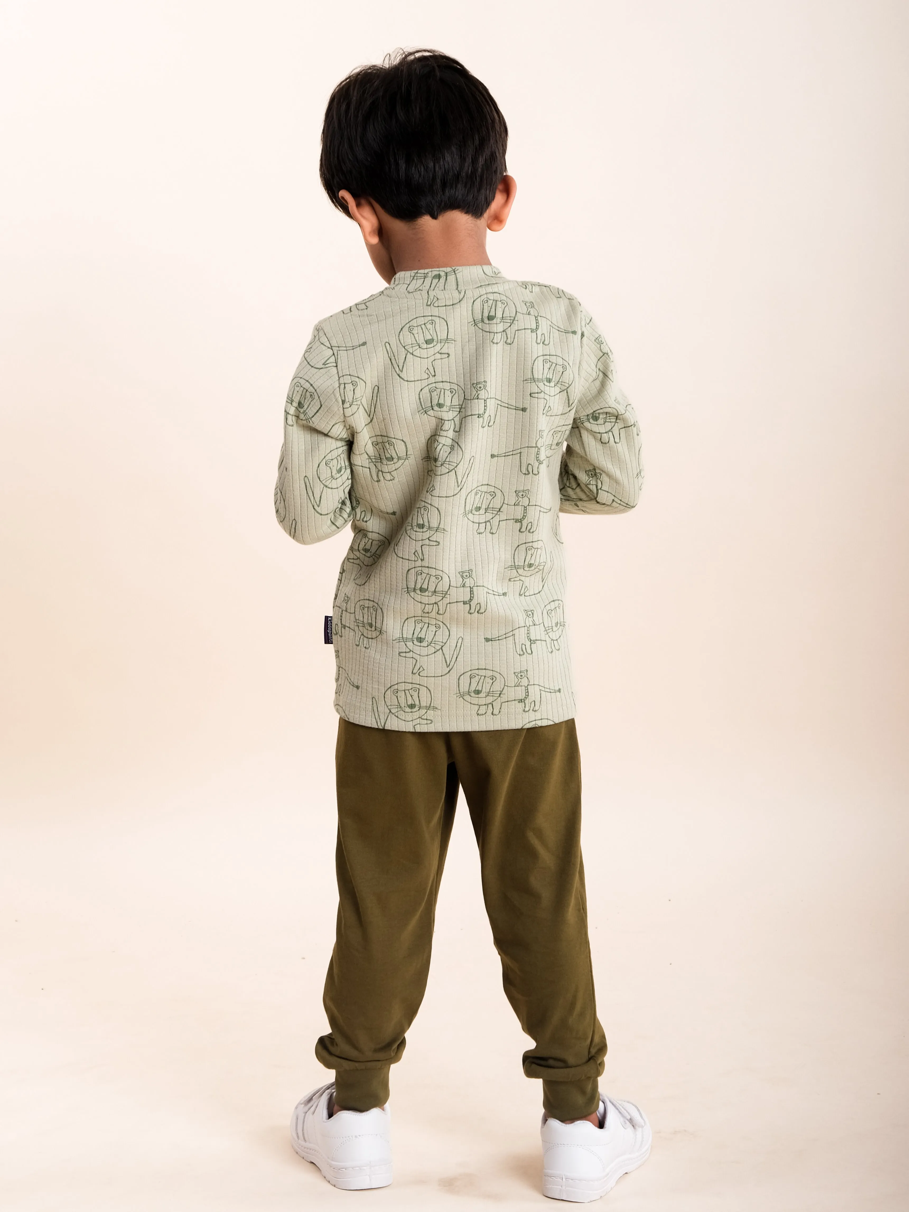 Boys "Lion" AOP Print Henley Neck Tee & Solid Track Pant Set