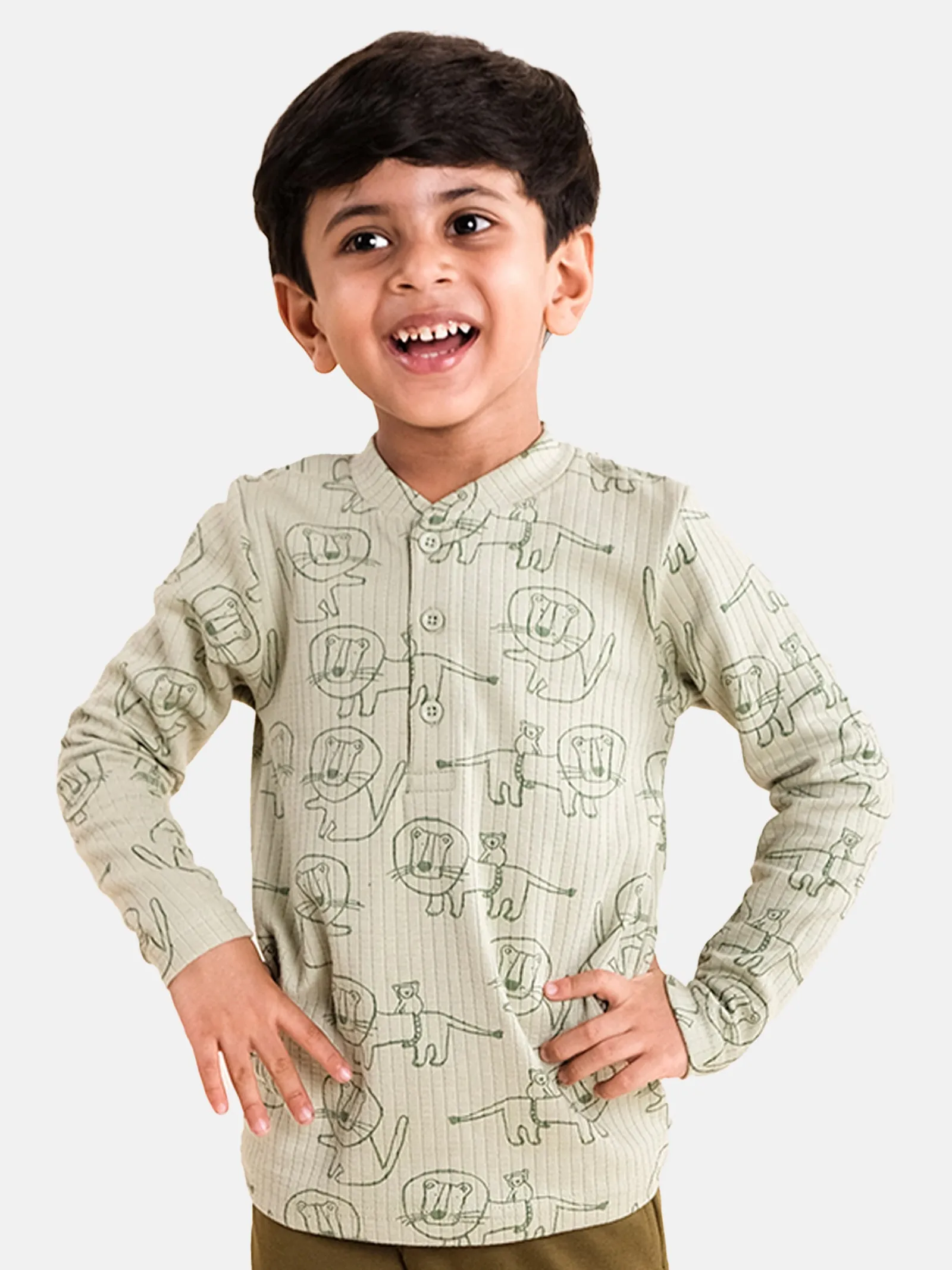 Boys "Lion" Print AOP Full Sleeve Henley Neck Tee