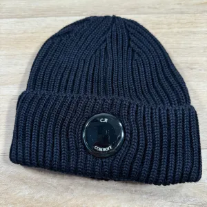 C.P. Company Extra Fine Merino Wool Lens Beanie in Navy