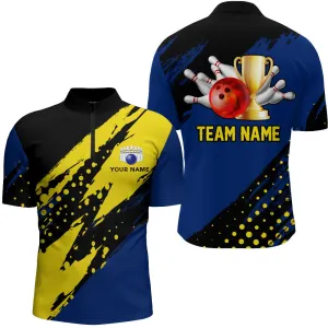 Custom Bowling Quarter-Zip Shirt For Men Black&Blue Bowling Jersey Bowling League Shirt For Team