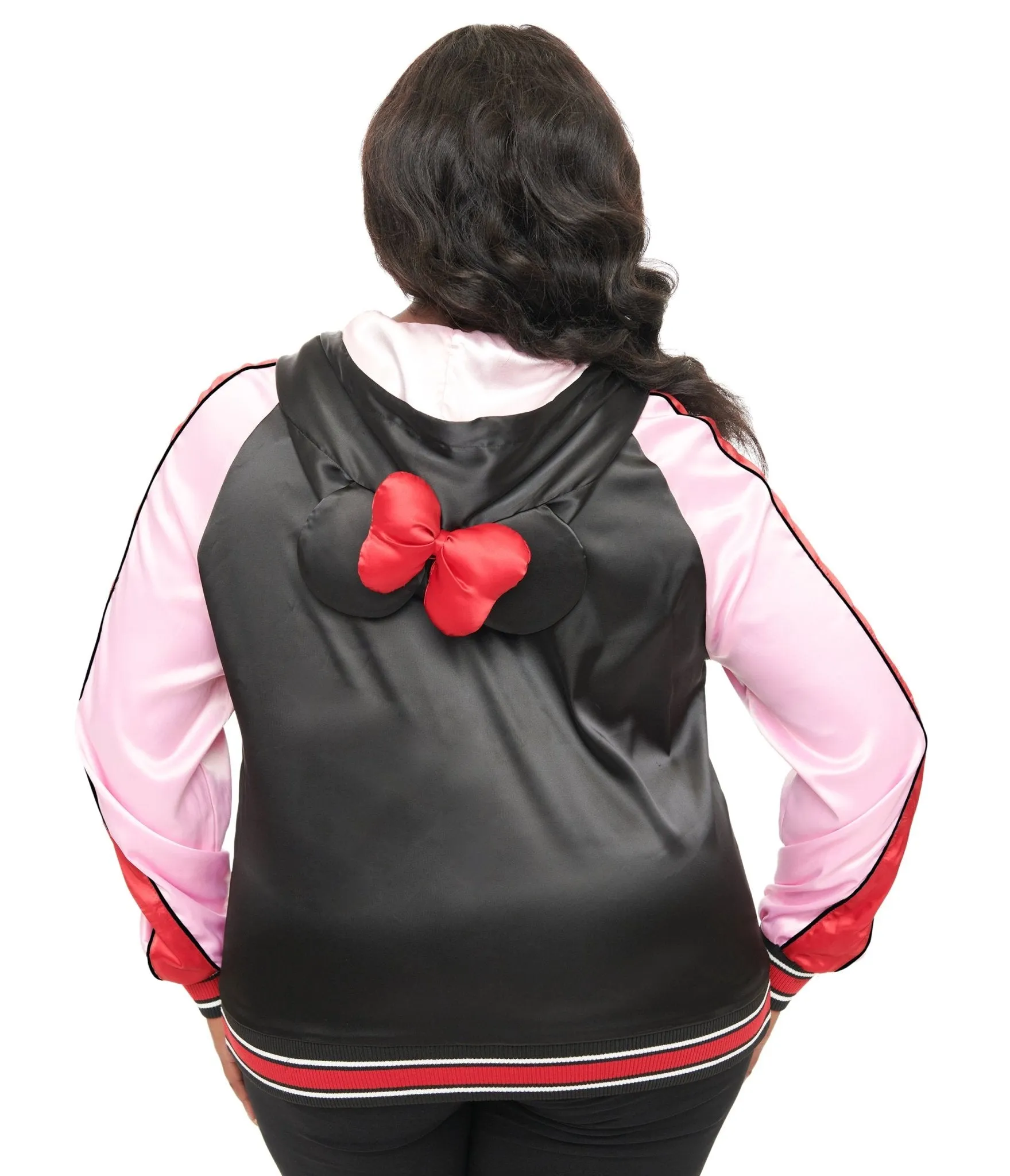 Disney Mickey & Friends Collection by Unique Vintage Plus Size Minnie Mouse Hooded Satin Bomber Jacket