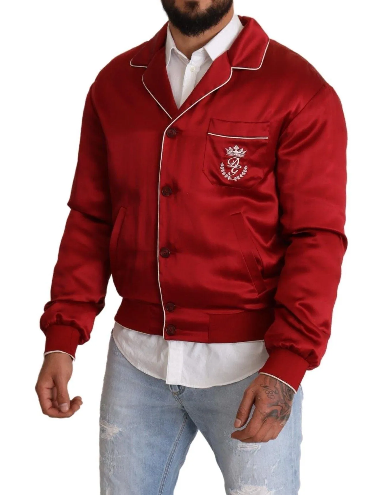 Dolce & Gabbana Red Silk Button DG Logo Bomber Jacket