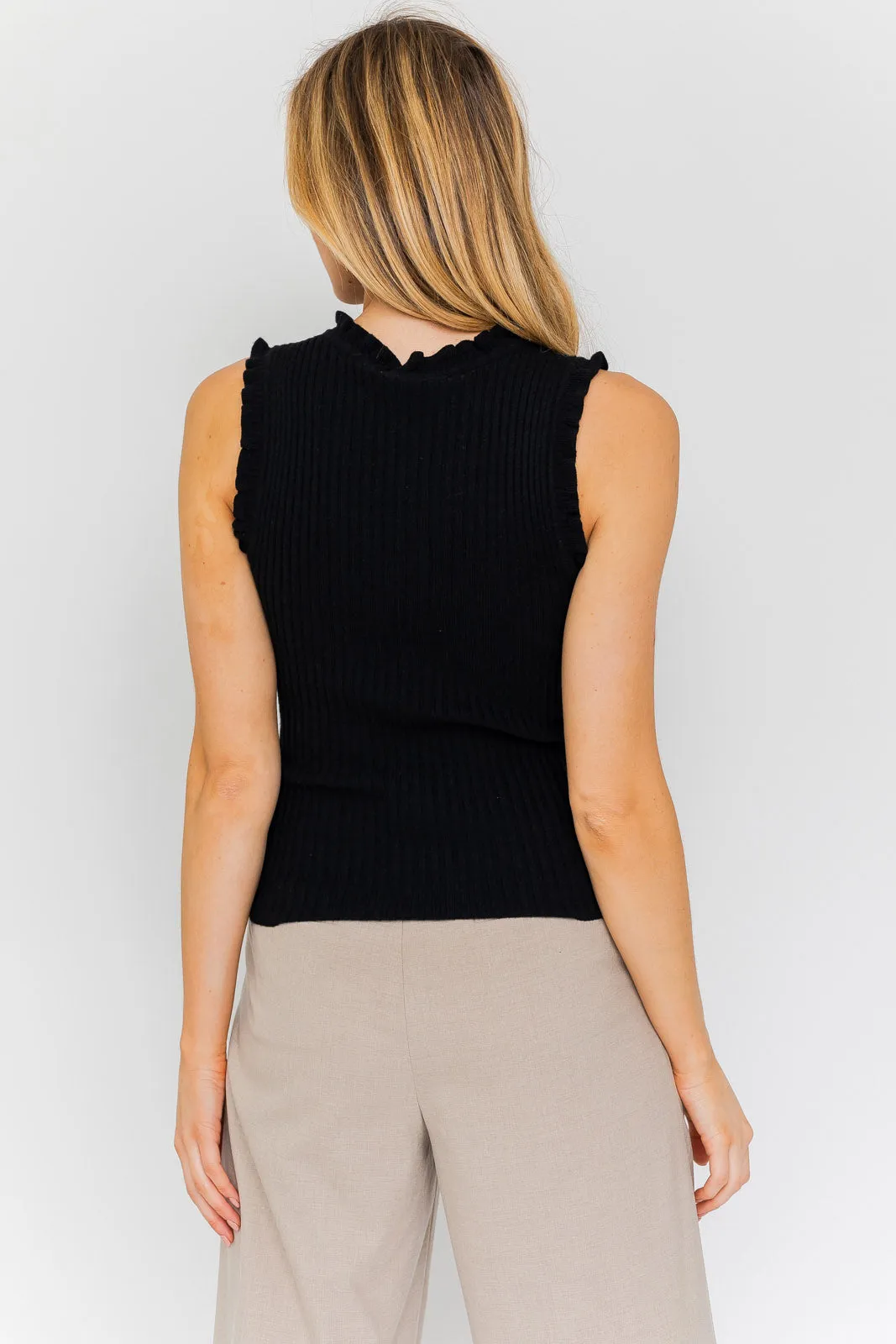 Elevated Black Knit Tank Top With Ruffle Neckline