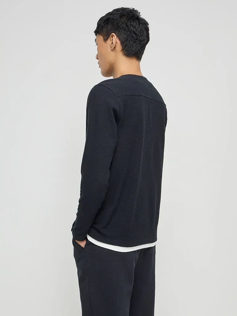 ETA Black Henley Slim-Fit Cotton T-Shirt