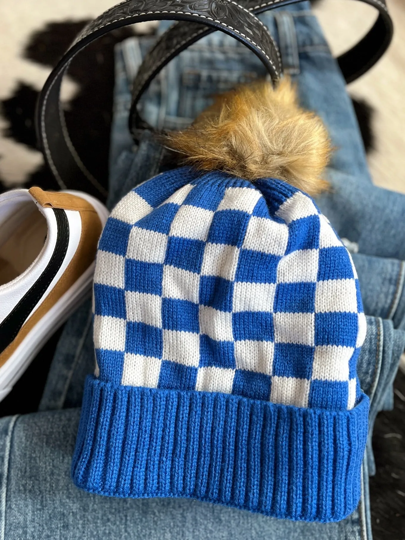 Fleece Lined Blue & White Checkered Beanie