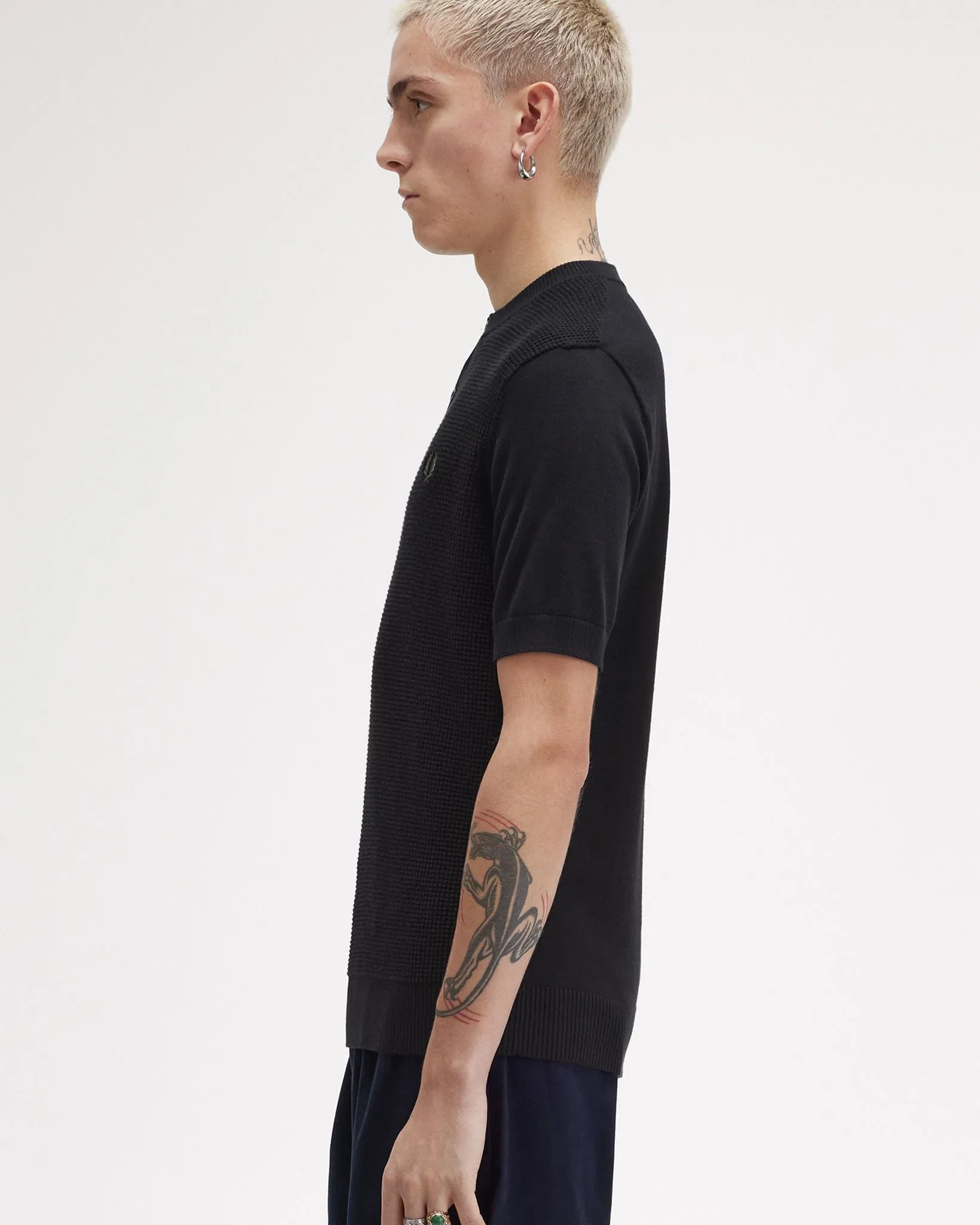 Fred Perry Waffle Stitch Henley Shirt - Black