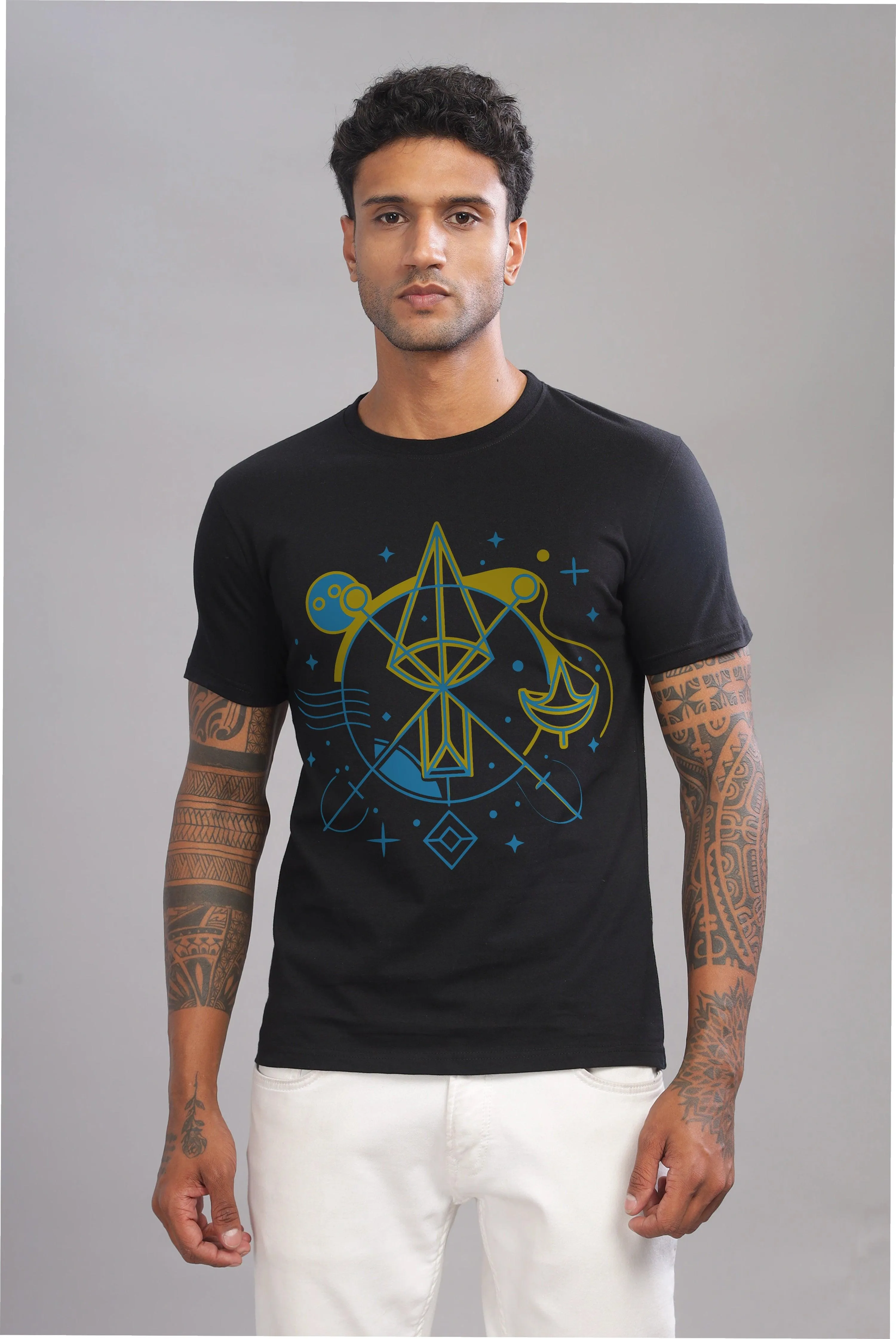 Lively Libra Black Half Sleeve Printed Round Neck T-Shirt