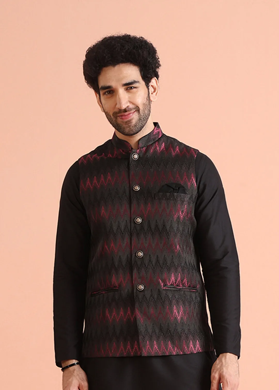 Men Black Chevron Nehru Jacket (Set of 1)