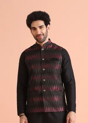 Men Black Chevron Nehru Jacket (Set of 1)