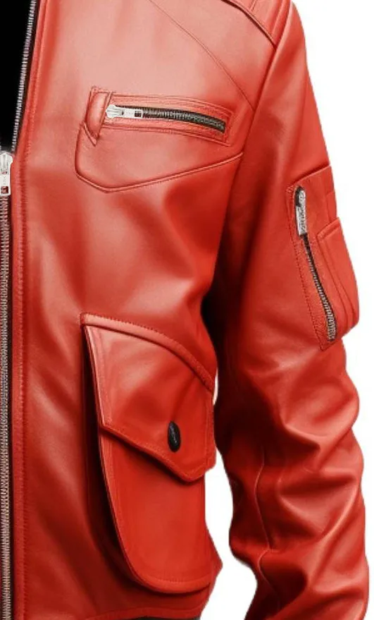 Men Red Leather Bomber Jacket