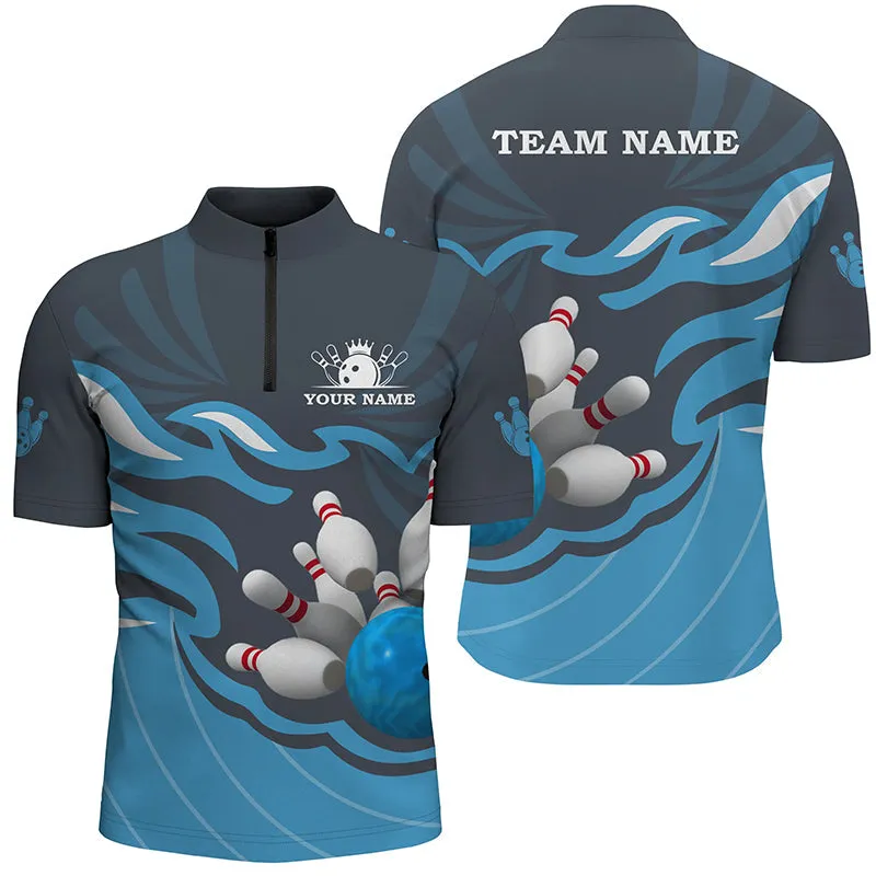 Men's Bowling Quarter Zip Shirts Custom Multi Color Bowling Ball Pins Team League Jersey, Bowling Gift