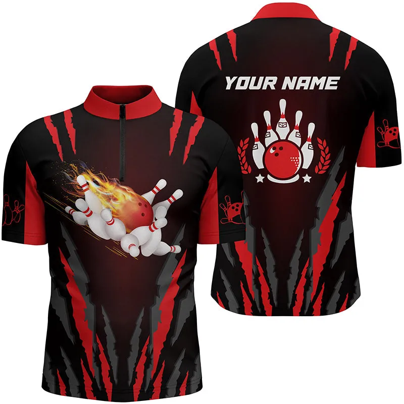 Men's bowling shirt Quarter Zip custom Flame Bowling Ball and Pins bowling jerseys, bowling gifts