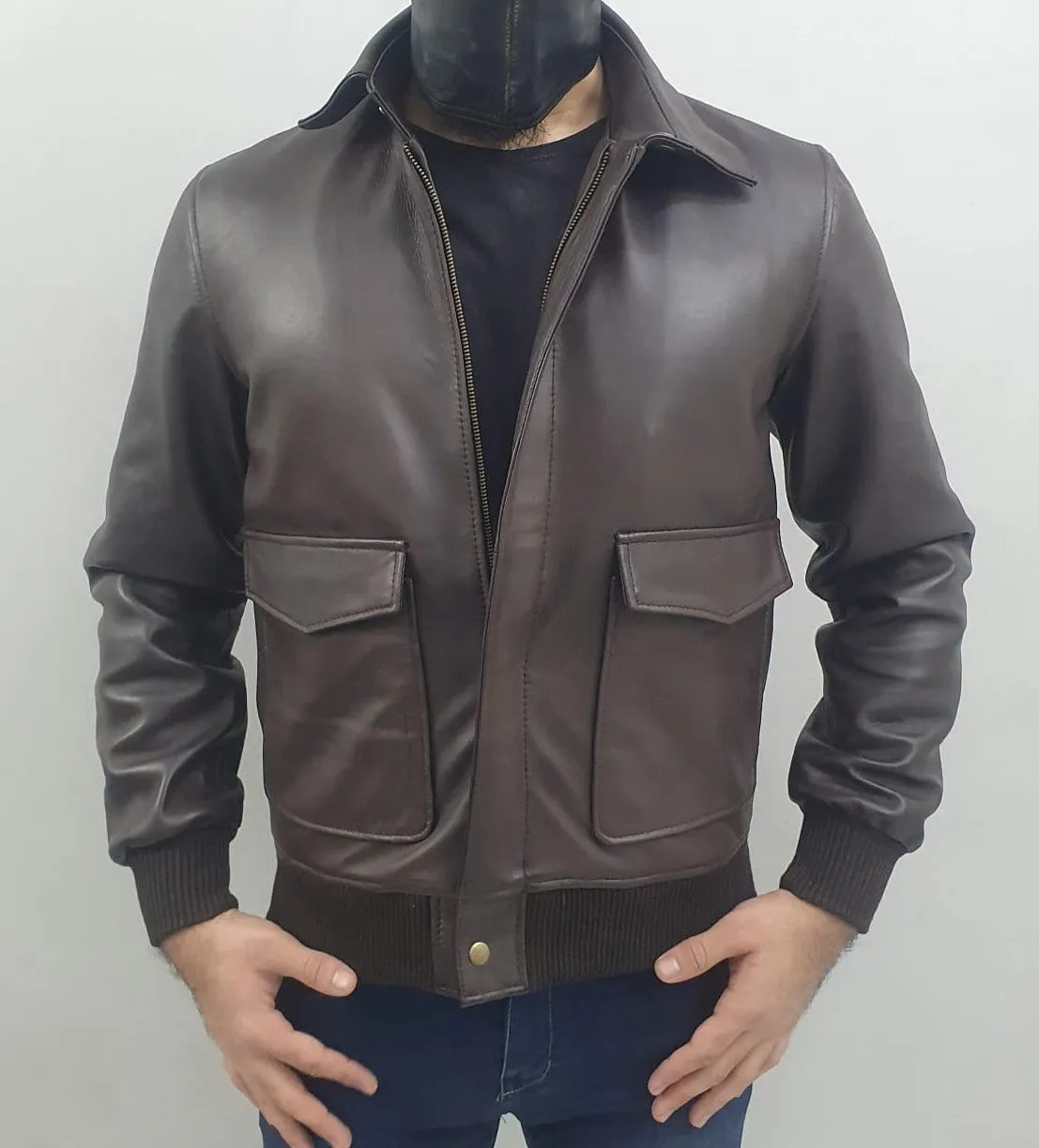 Mens Brown Bomber Aviator Flying Pilot Genuine Leather Jacket