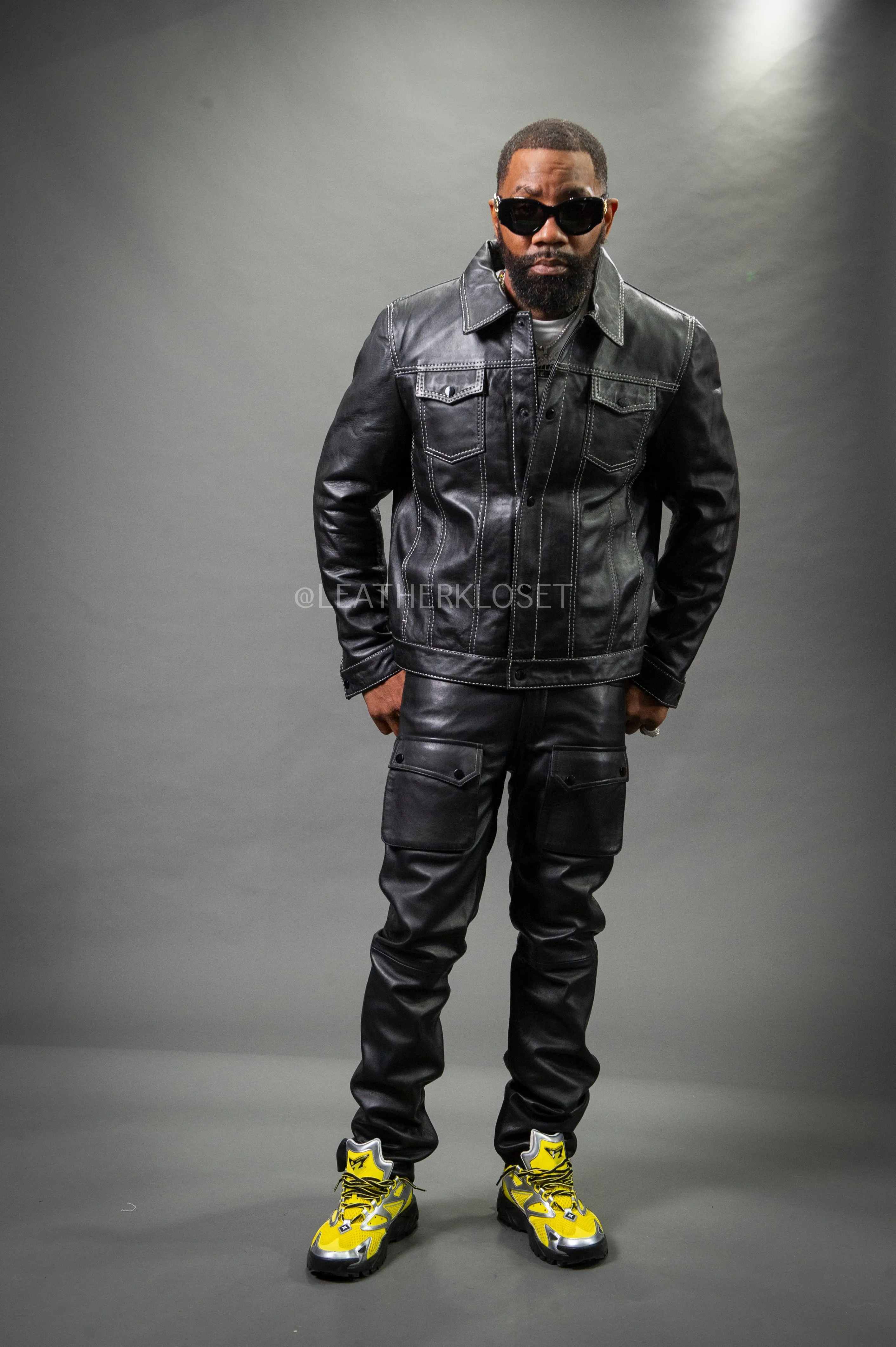 Men's Dylan Leather Jean Jacket And Cargo Pants Set [Black]