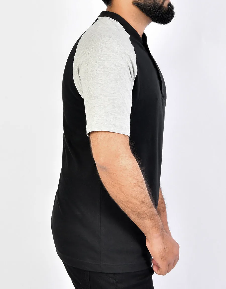 Men's Henley Single Jersy Cotton T.Shirt-Black