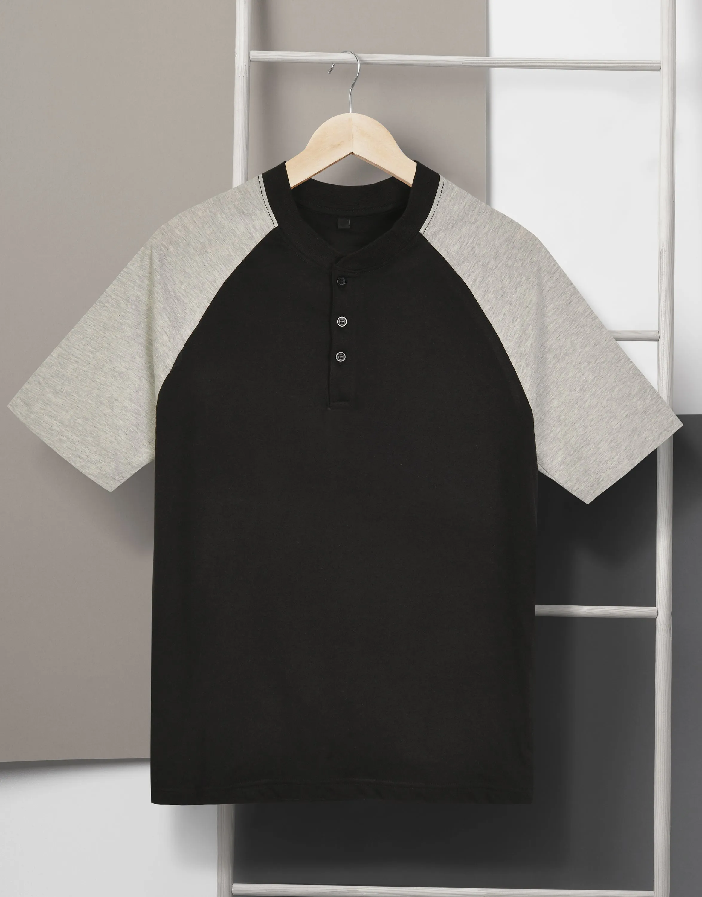 Men's Henley Single Jersy Cotton T.Shirt-Black