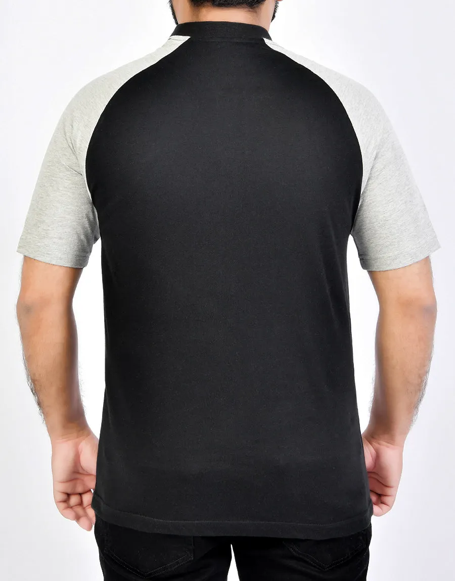 Men's Henley Single Jersy Cotton T.Shirt-Black