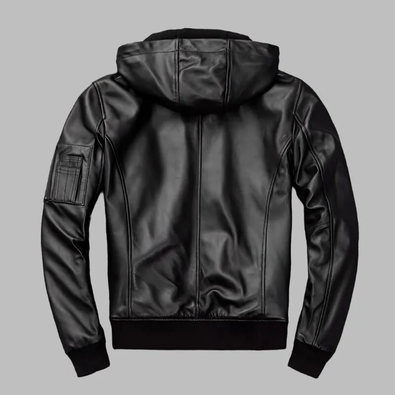 Men's Hooded Leather Motorcycle Bomber Jacket