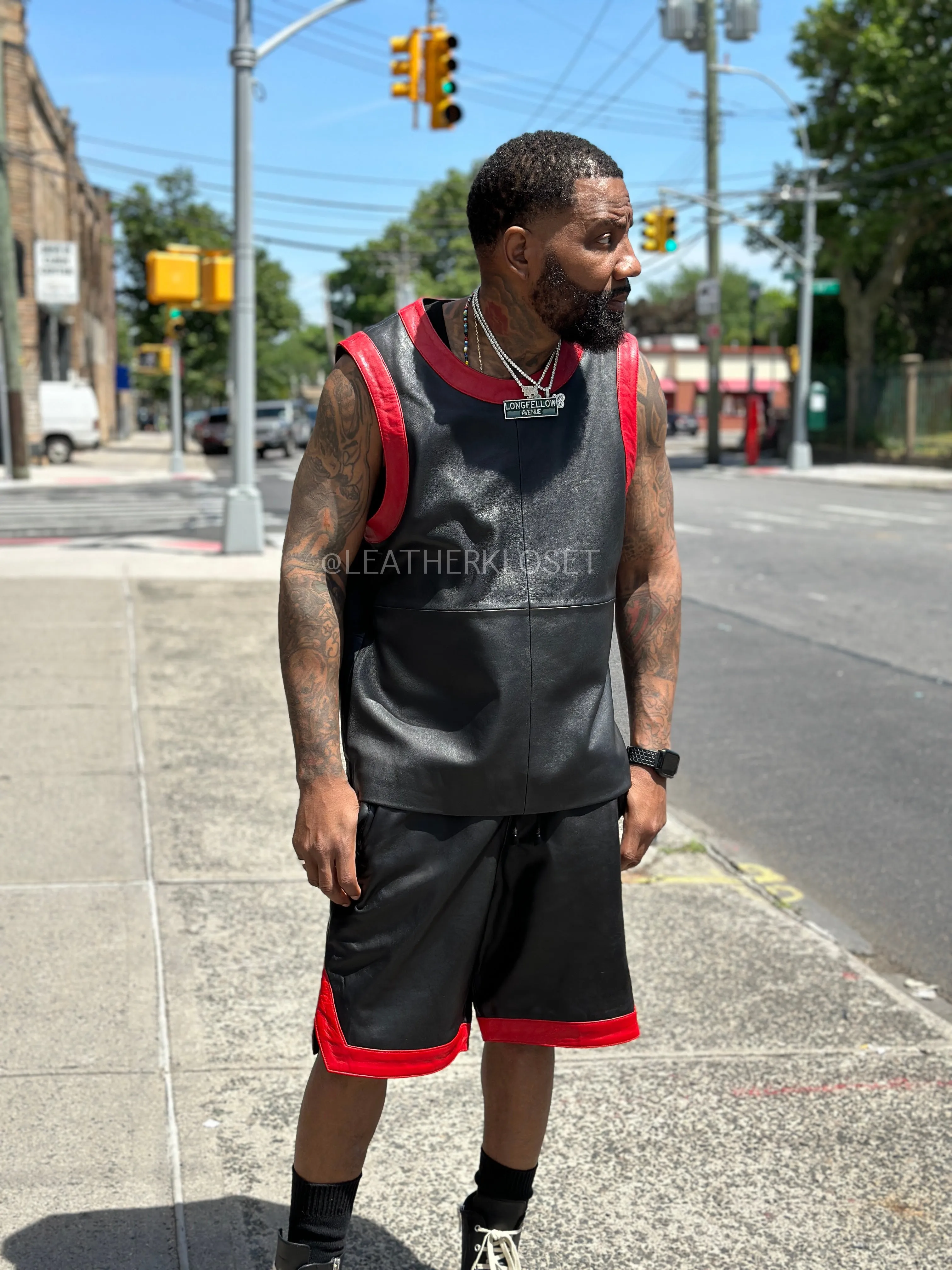 Men's Leather Crossover Leather Basketball Jersey [Black/Red]