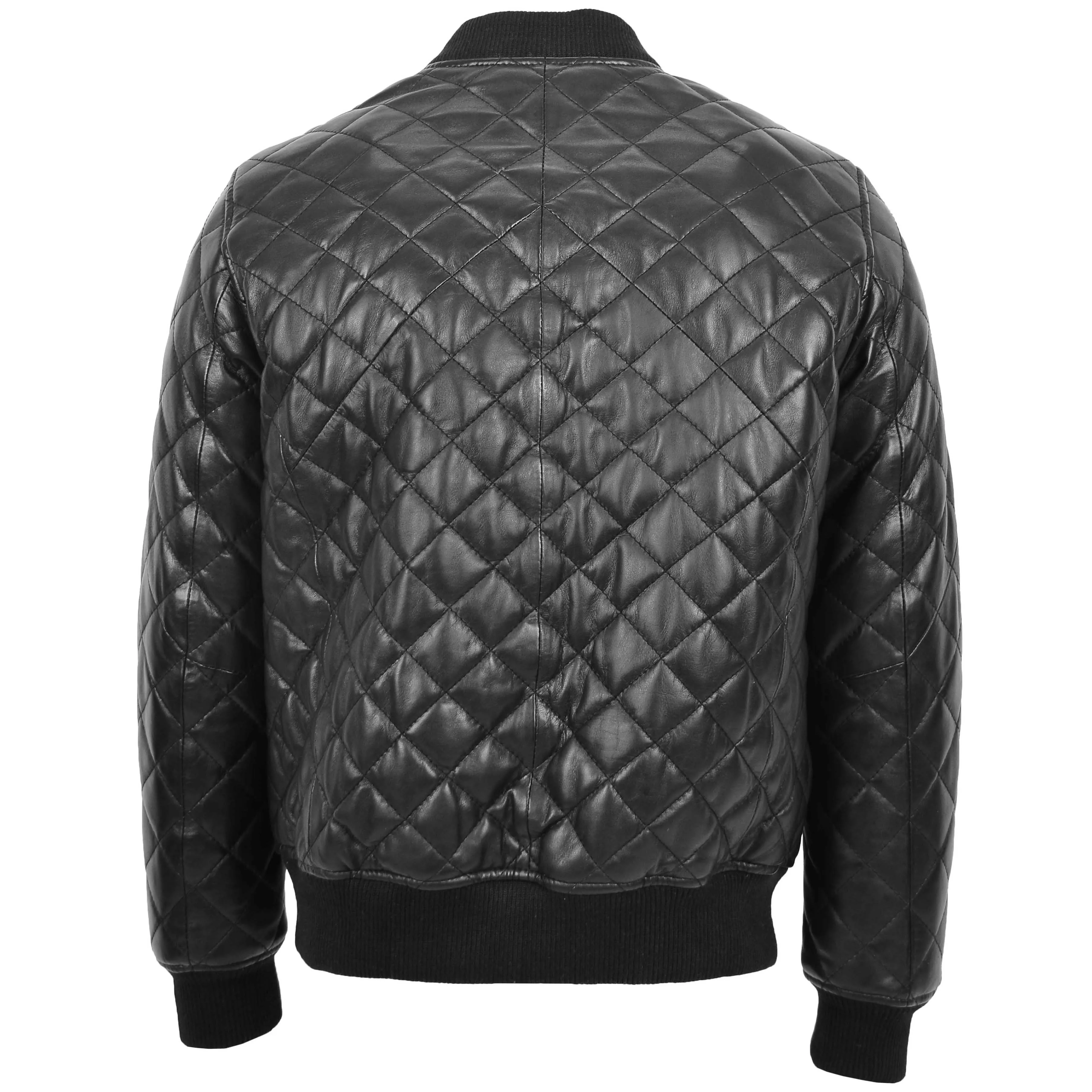 Mens Leather Quilted Bomber Jacket Warren Black