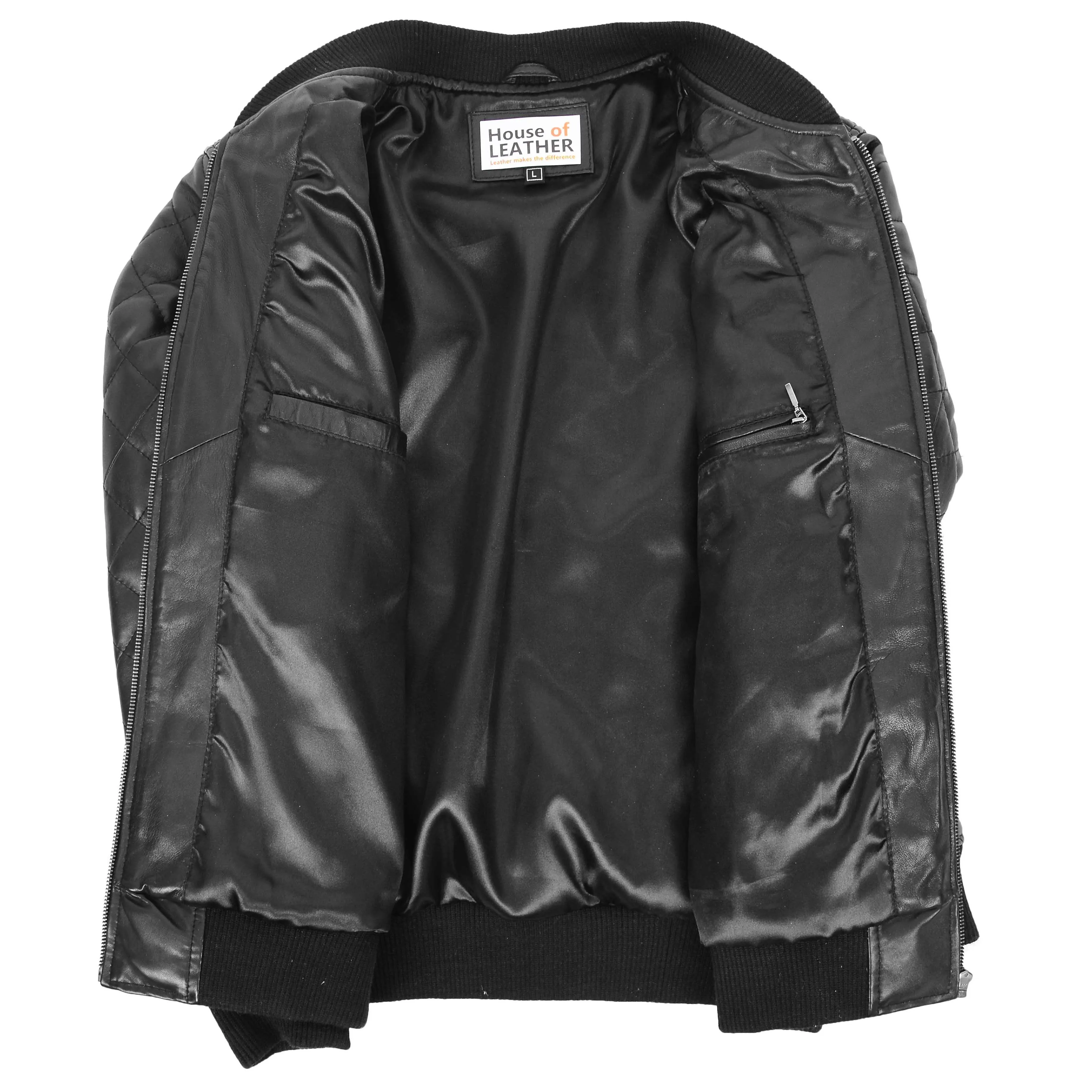 Mens Leather Quilted Bomber Jacket Warren Black