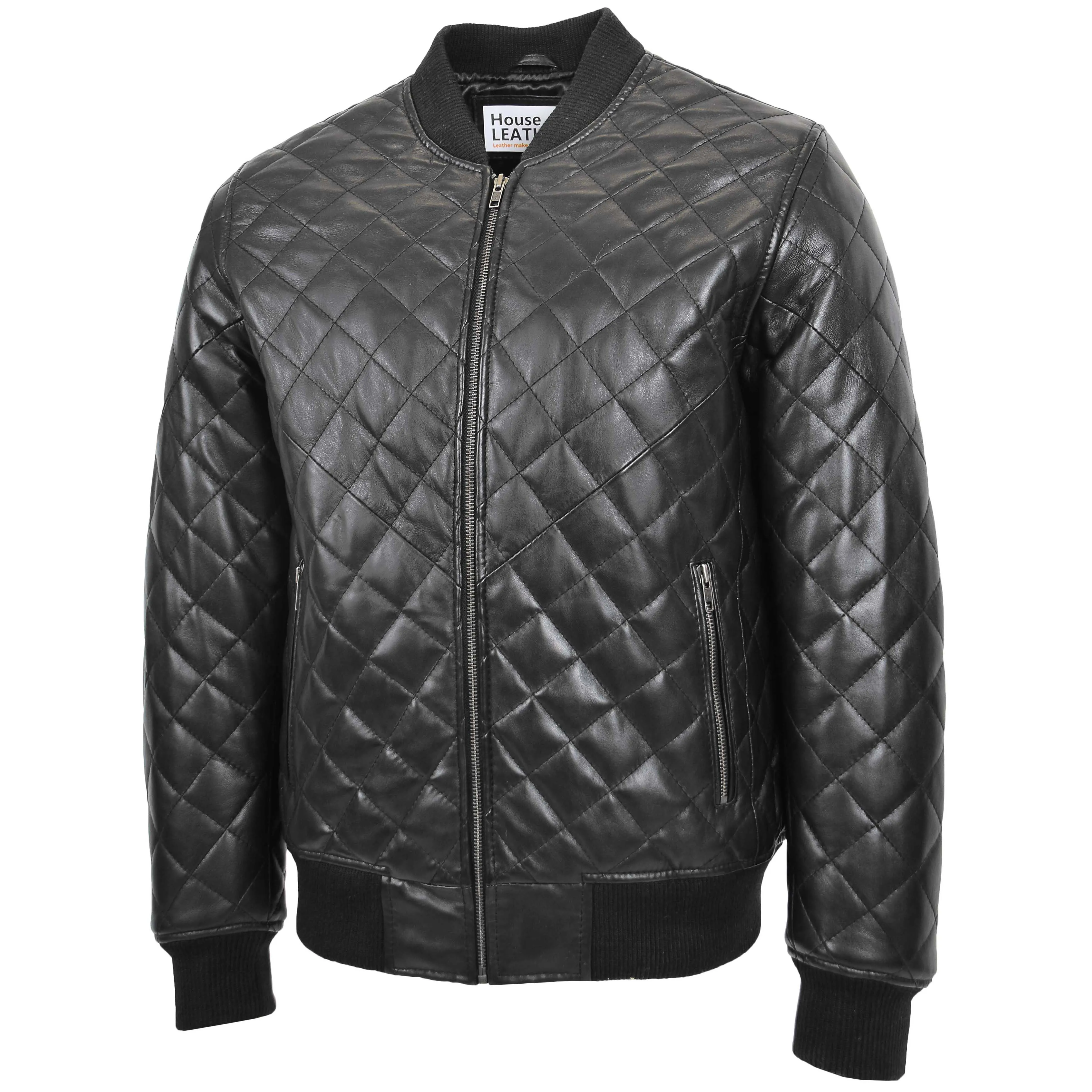 Mens Leather Quilted Bomber Jacket Warren Black