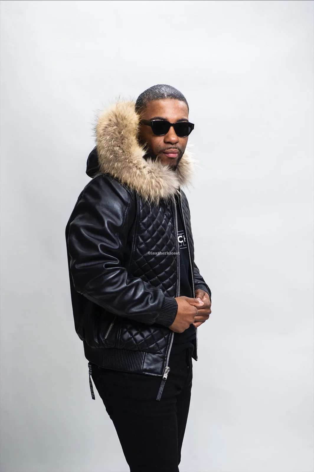 Men's Lucas Quilted Leather Bomber Jacket With Raccoon Hood [Raccoon Fur]