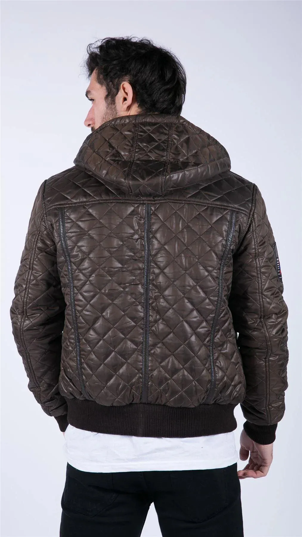 Mens Quilted Hooded Puffer Jacket Brown Badge Bomber Pilot Air Force