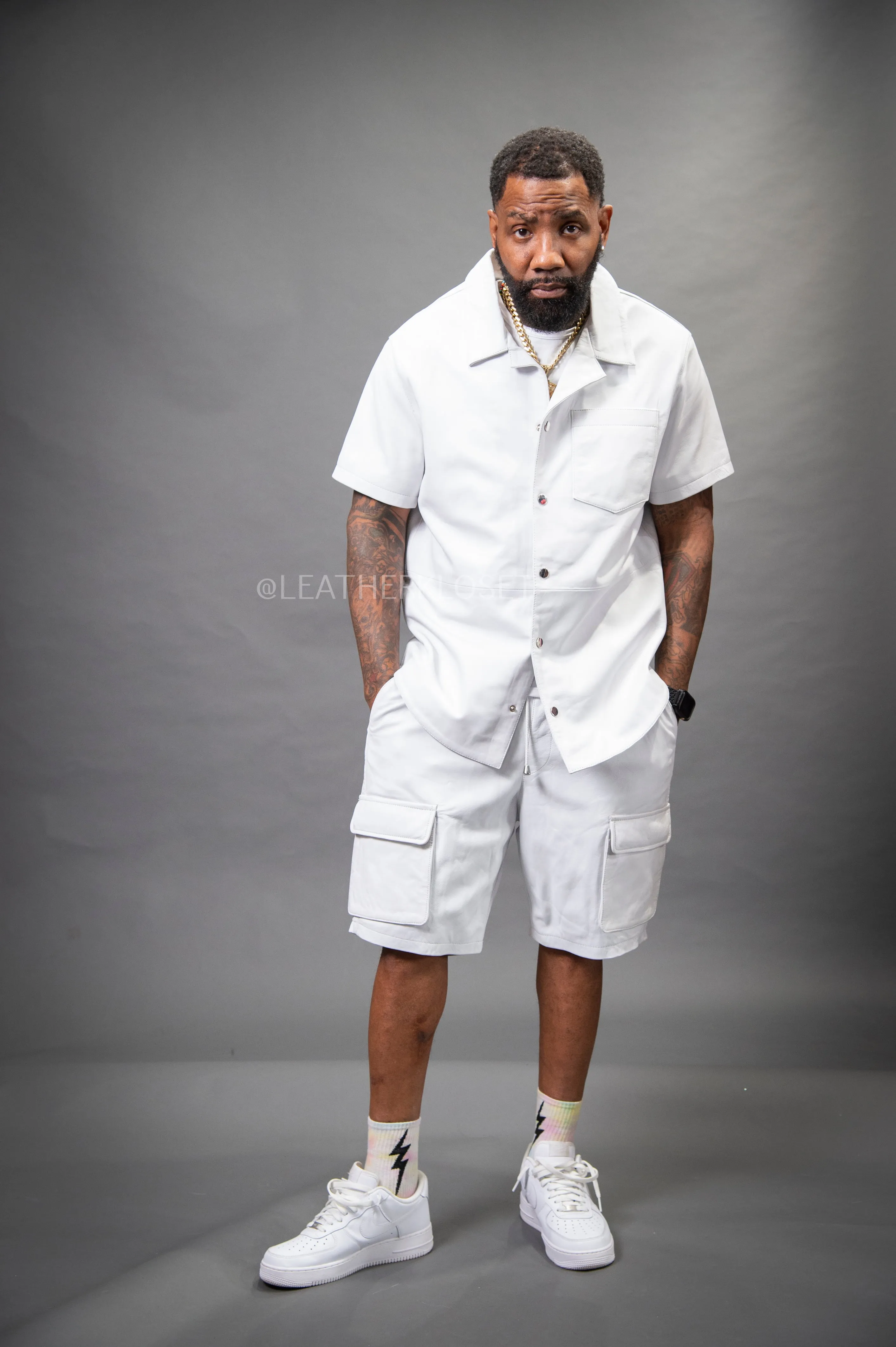 Men's Summer In Miami Leather Shirt And Cargo Shorts Set [White]