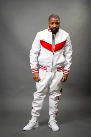 Men's V-Baseball Leather Track Suit Sweatsuit [White/Red]