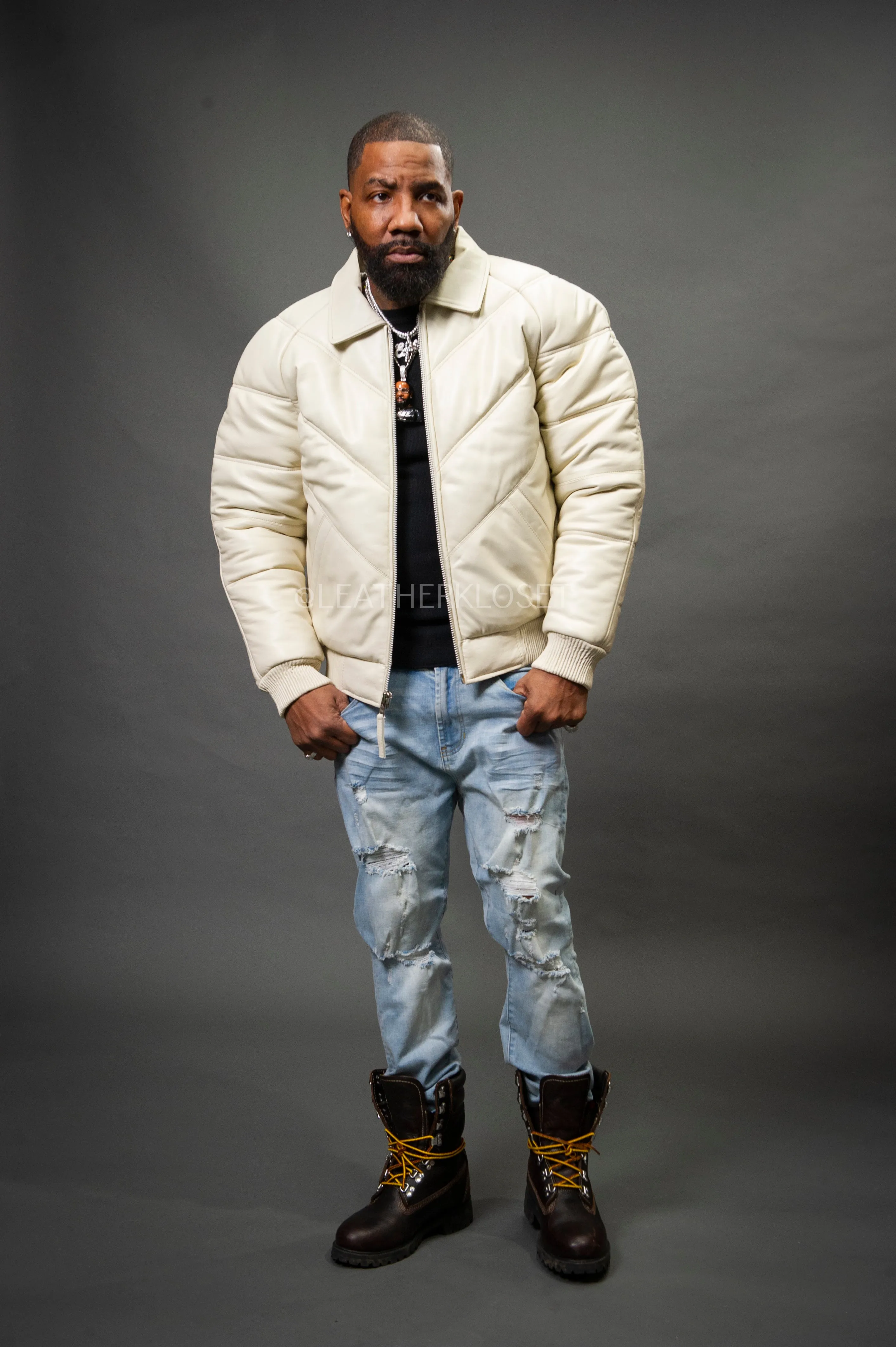 Men's V-Bomber Leather Jacket Beige