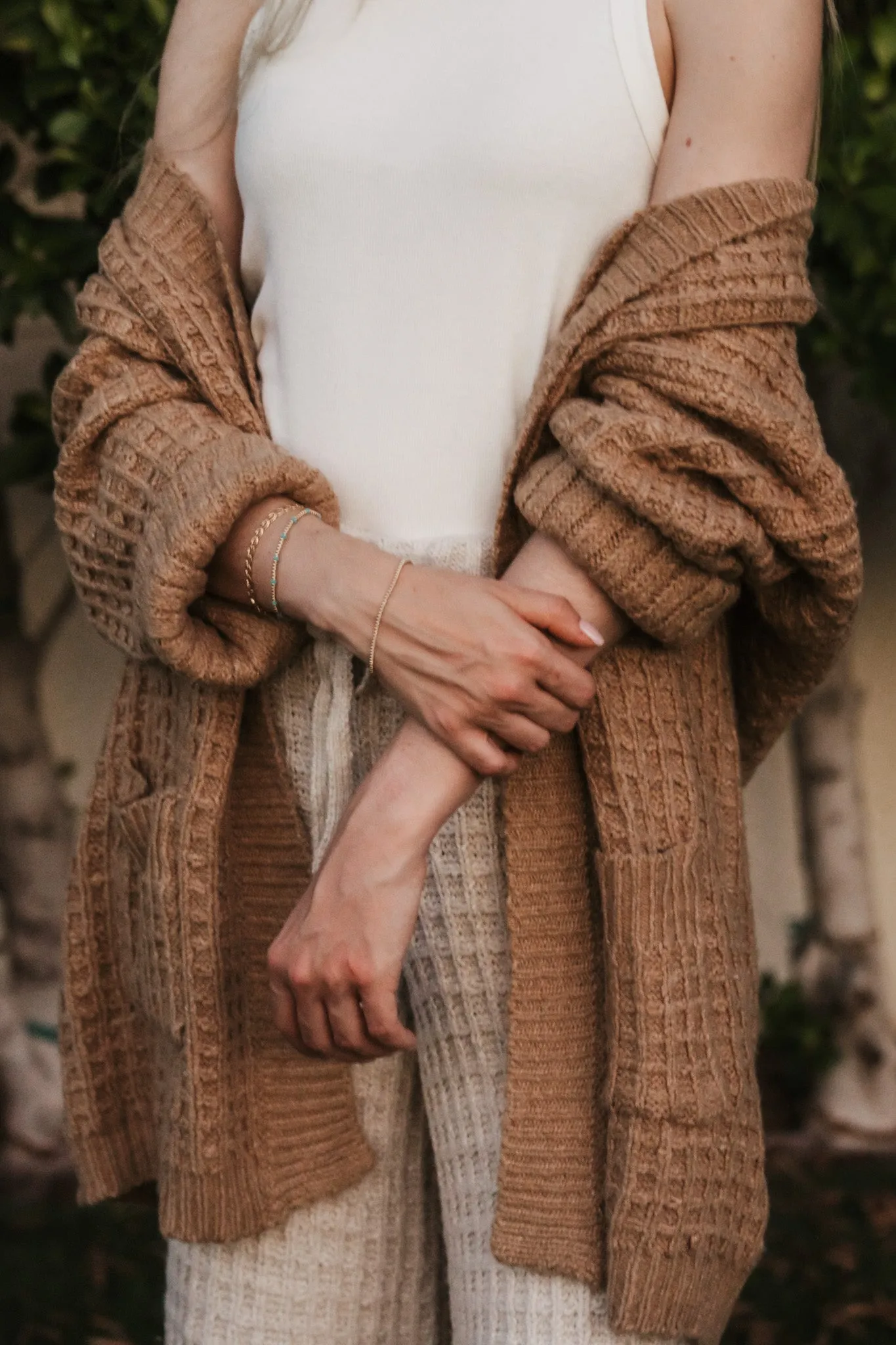 Northern Waffle Knit Open Front Cardigan in Camel