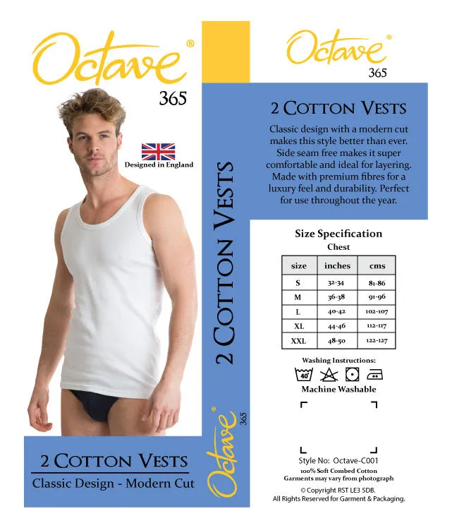 Octave® Mens Soft 100% Combed Cotton Classic Vests -  Pack of 2