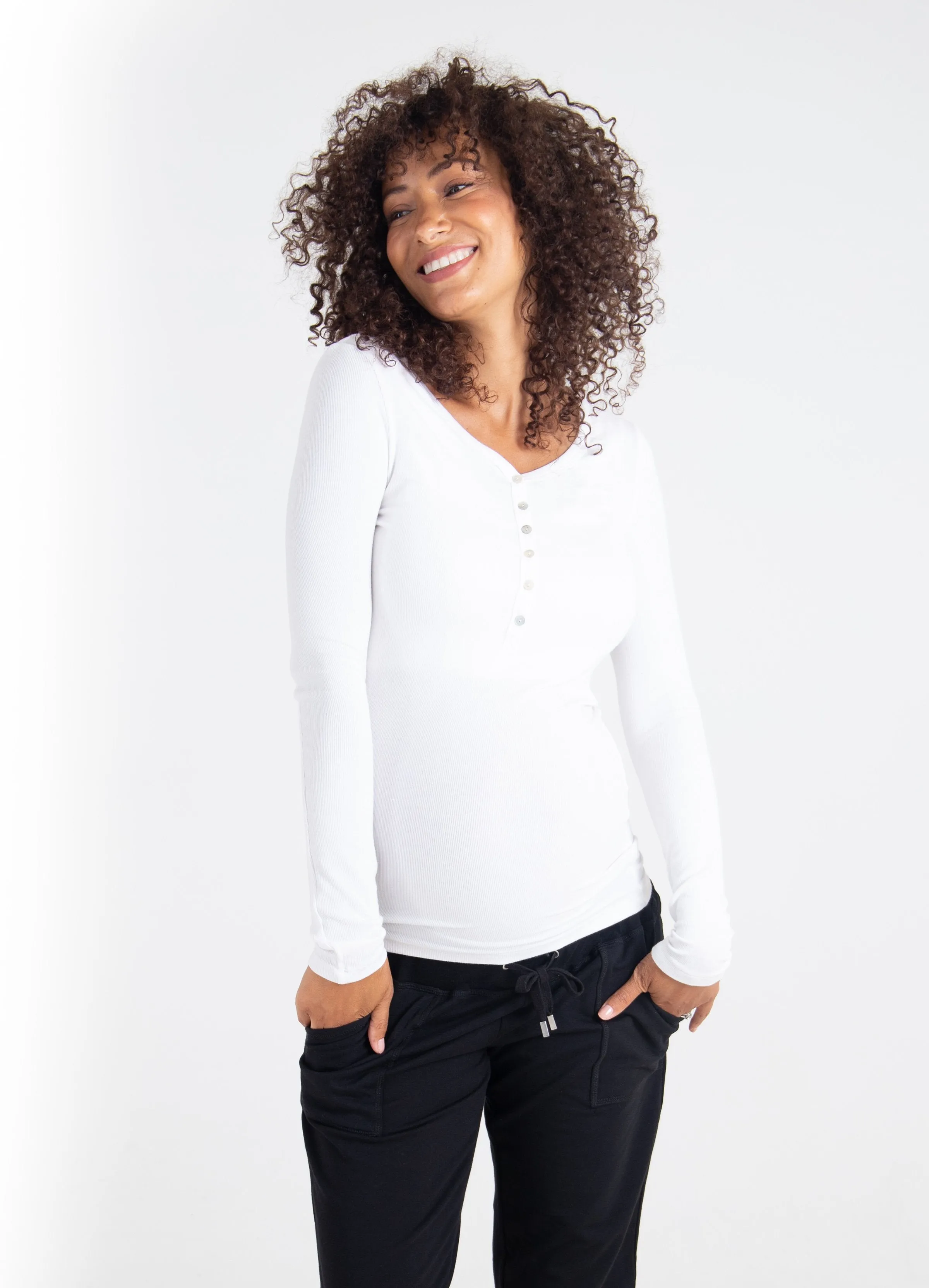 Rib Henley Long Sleeve Maternity   Nursing Top