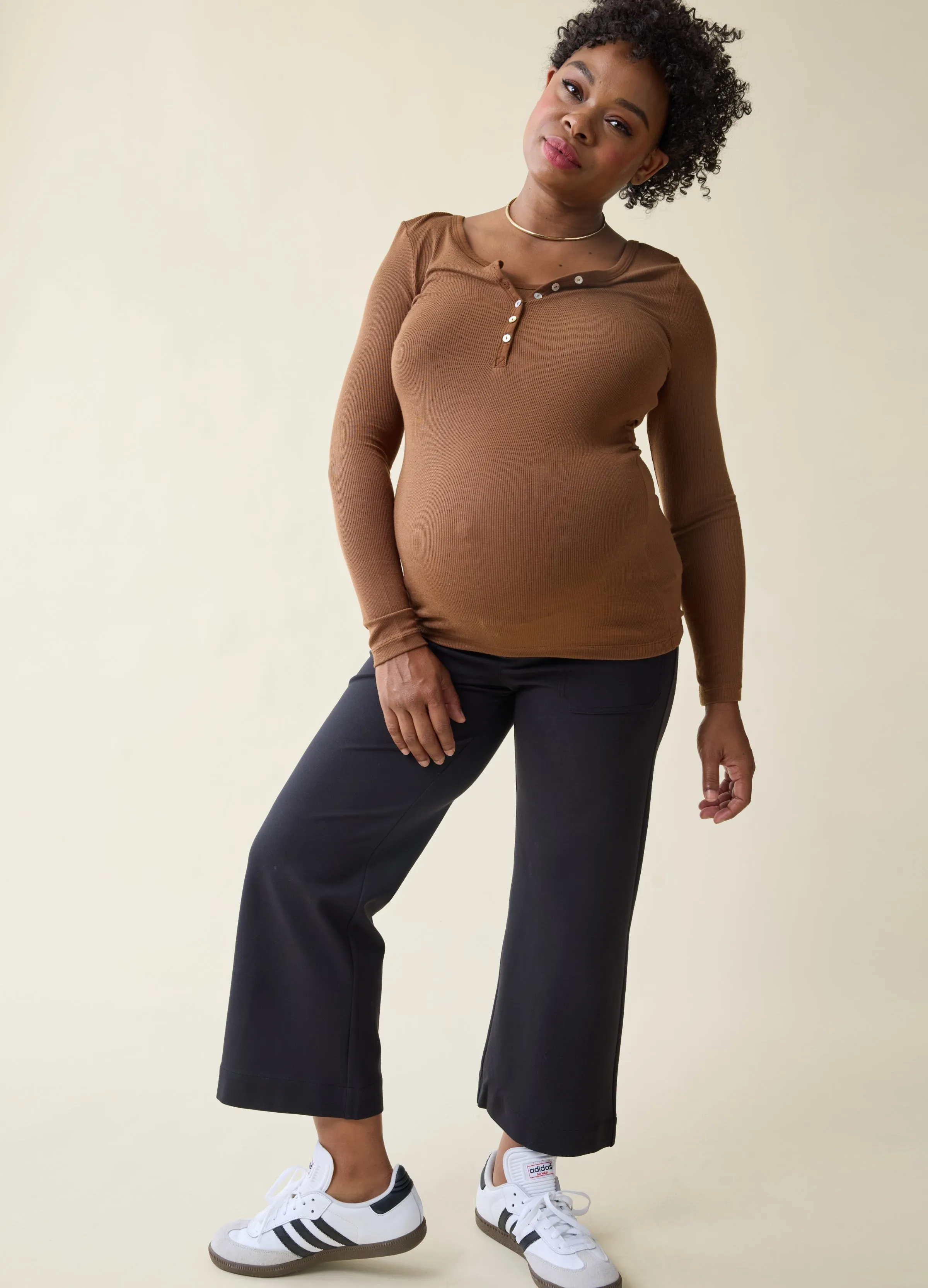 Rib Henley Long Sleeve Maternity   Nursing Top