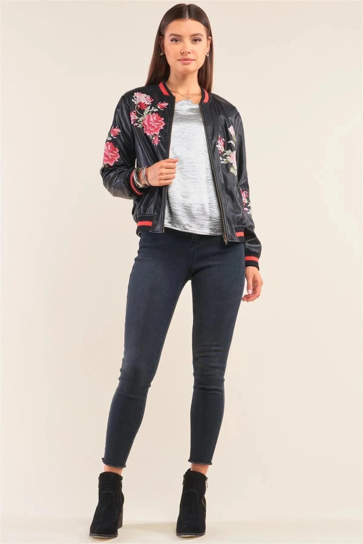 Rosa Black Vegan Leather Floral Embroidery Striped Hem Bomber Jacket /1-2-2-1