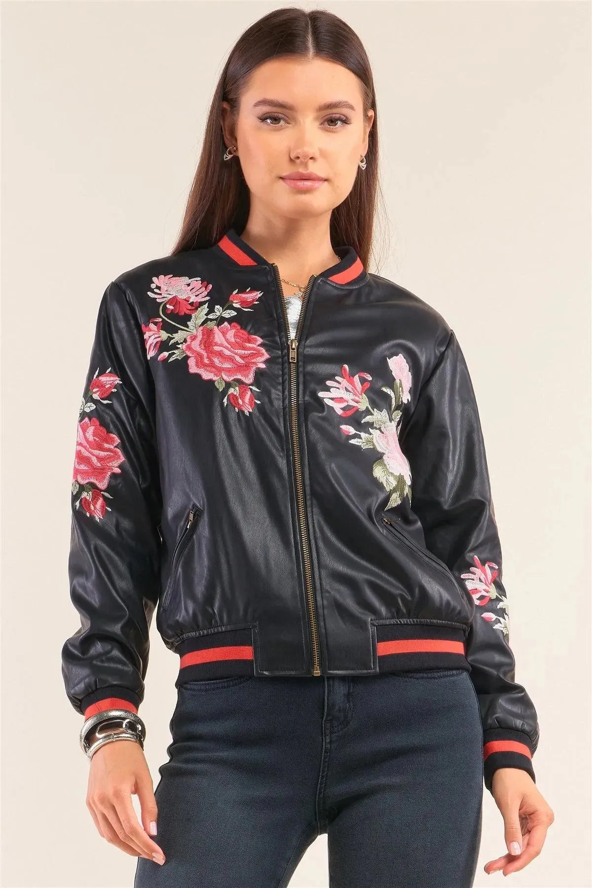 Rosa Black Vegan Leather Floral Embroidery Striped Hem Bomber Jacket /1-2-2-1