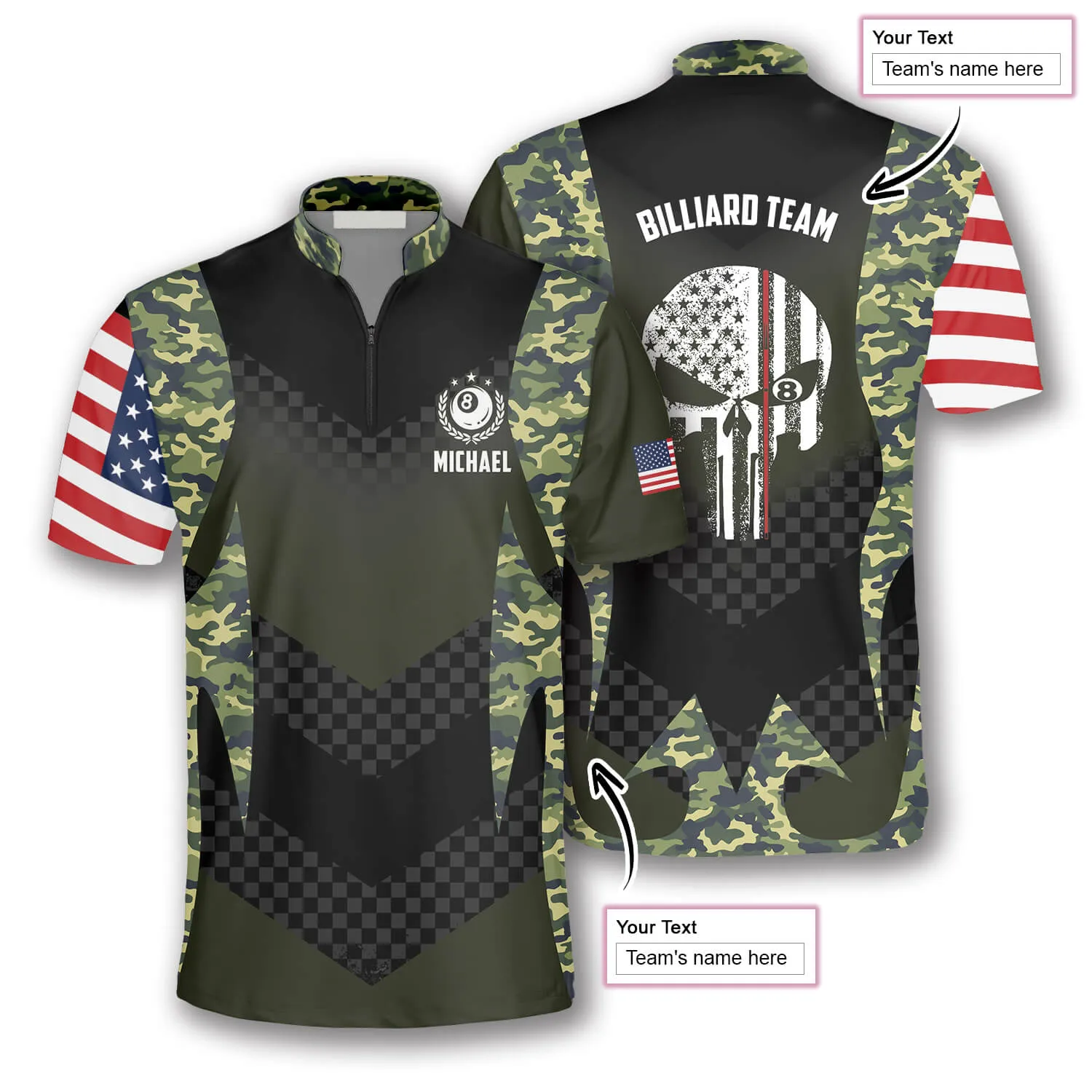 Skull Camouflage Flag Custom Billiard Jerseys for Men, 3D All Over Print Billiard Team Shirt