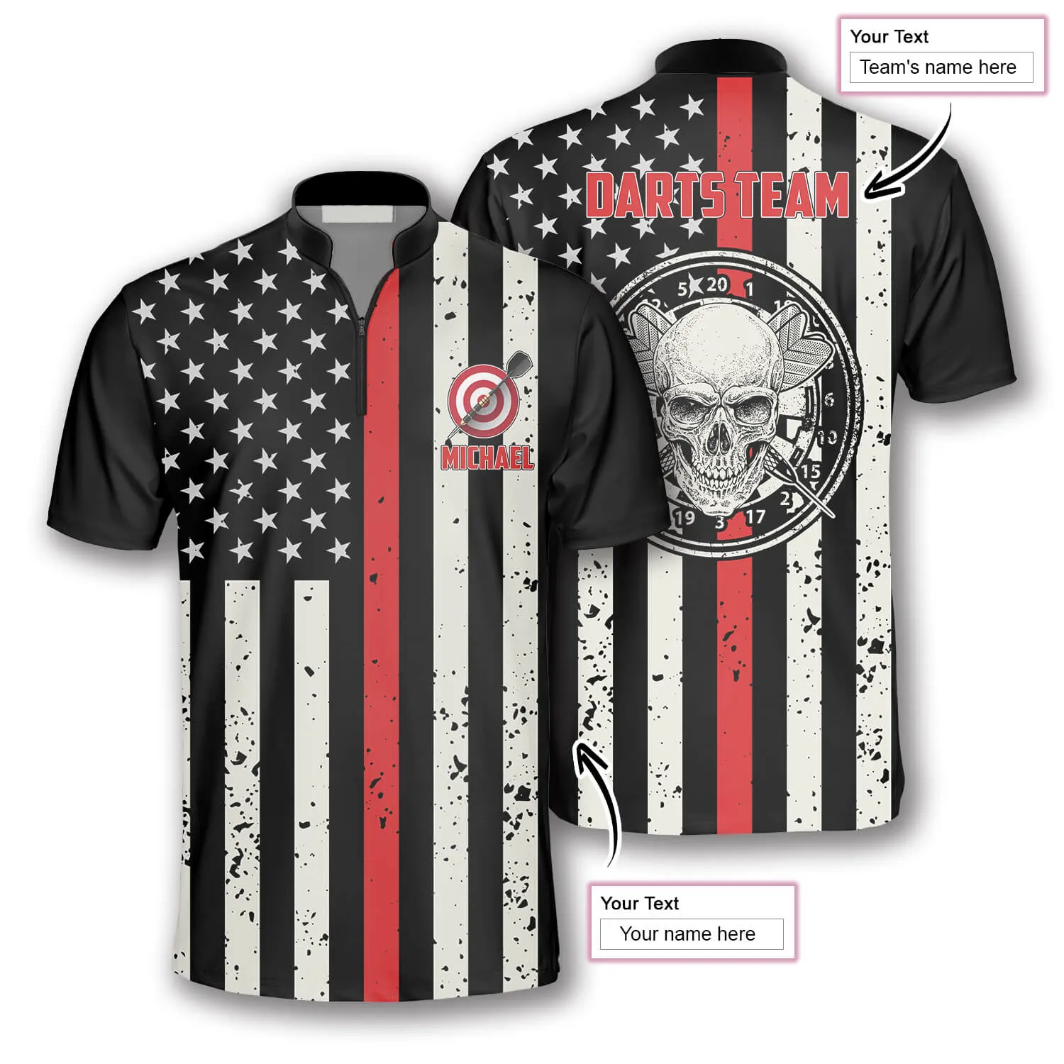 Skull Flag Red Line Custom Darts Jerseys for Men, 3D All Over Print Shirt for Dart Player